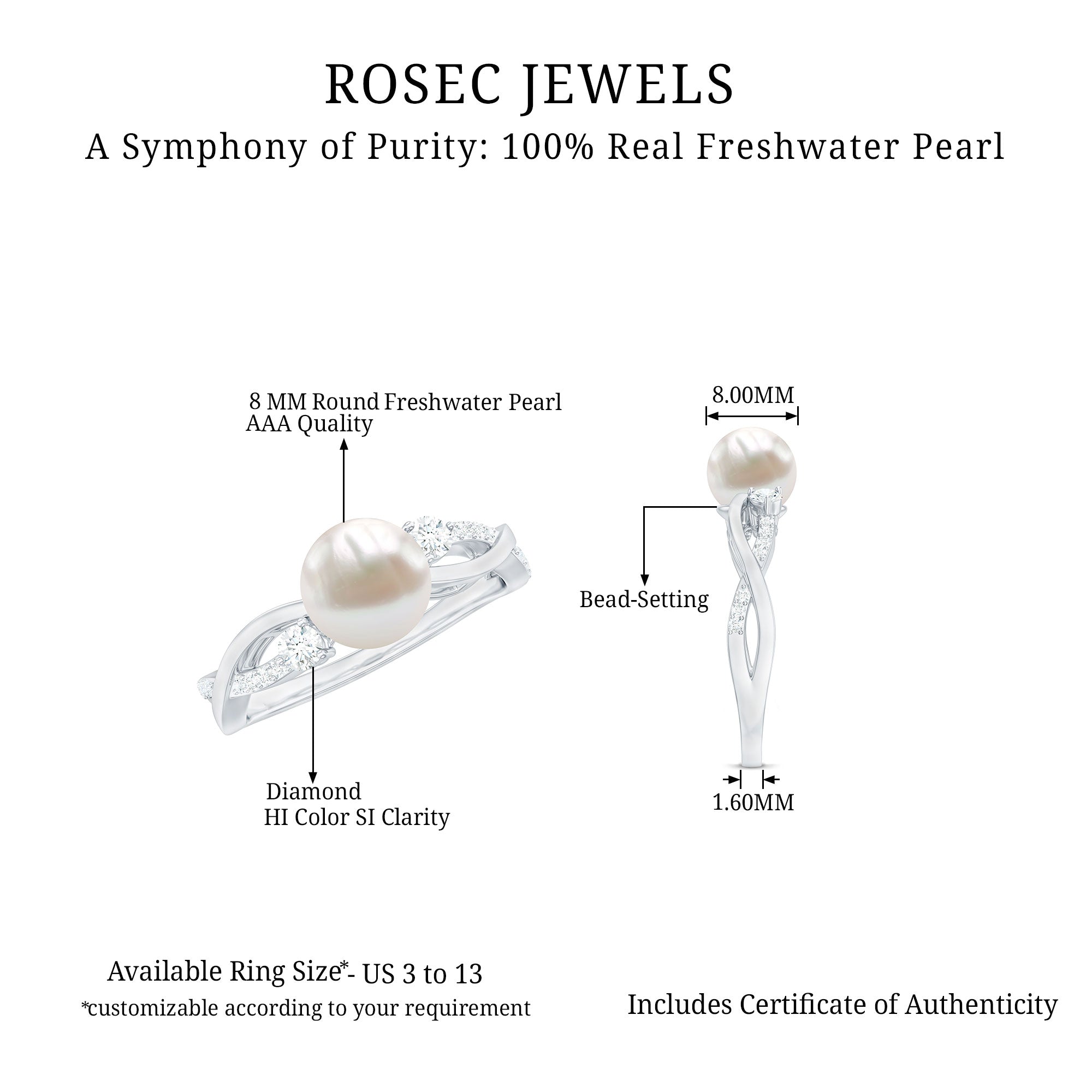 Natural Freshwater Pearl and Diamond Solitaire Crossover Ring Freshwater Pearl - ( AAA ) - Quality - Rosec Jewels