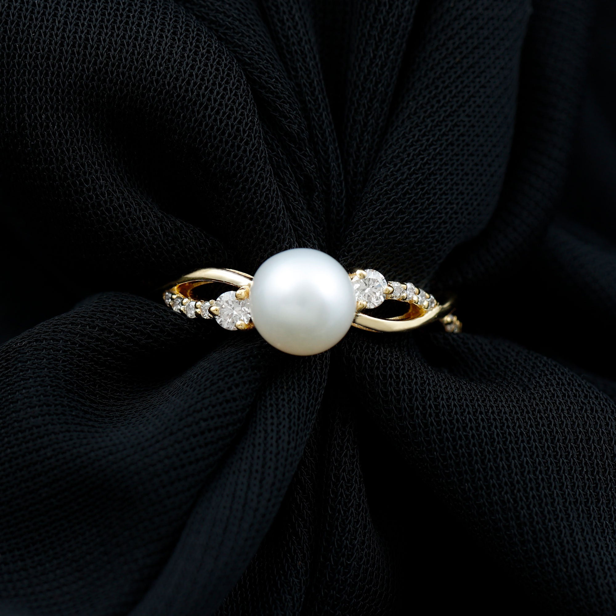 Natural Freshwater Pearl and Diamond Solitaire Crossover Ring Freshwater Pearl - ( AAA ) - Quality - Rosec Jewels