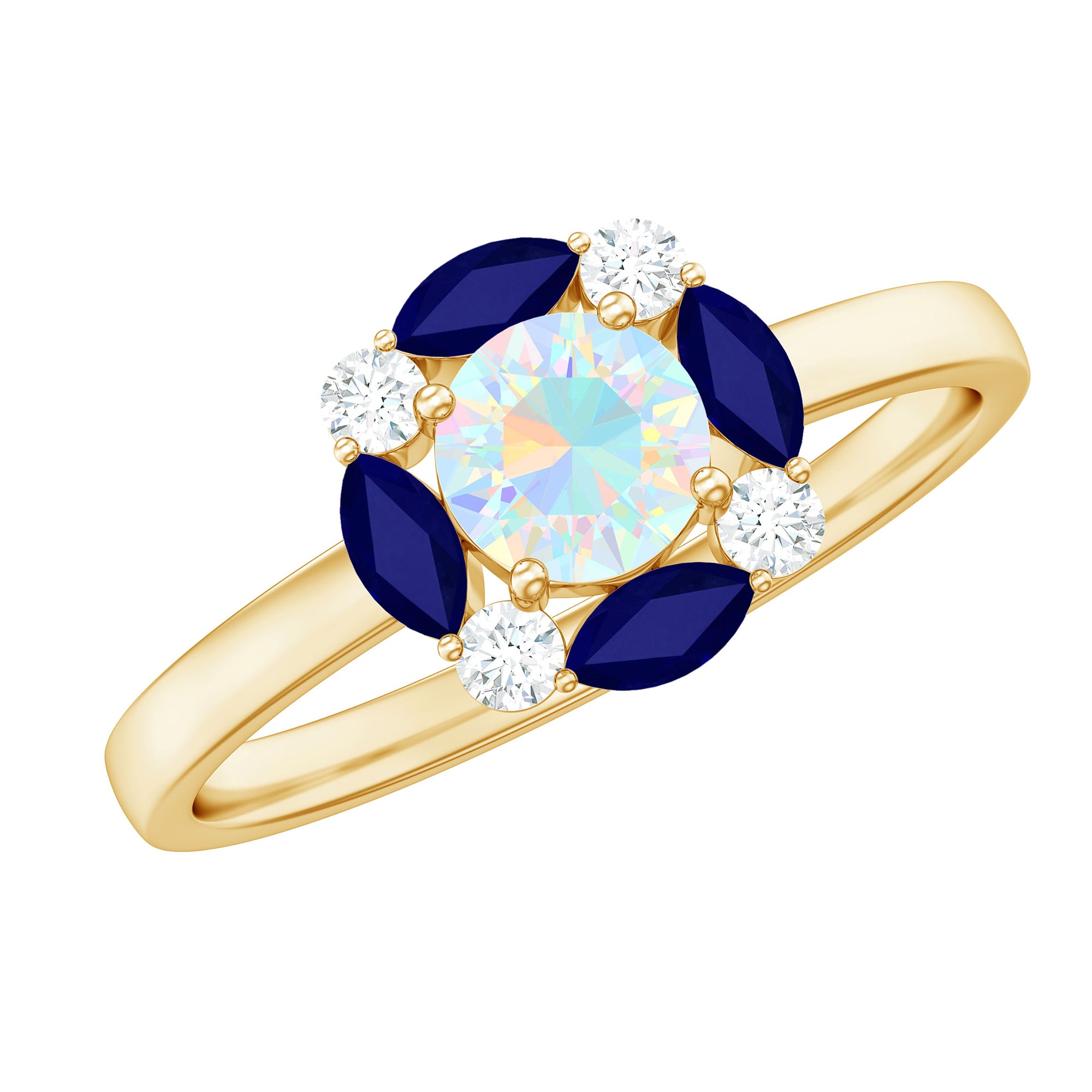 Ethiopian Opal Engagement Ring with Blue Sapphire and Moissanite Ethiopian Opal - ( AAA ) - Quality - Rosec Jewels