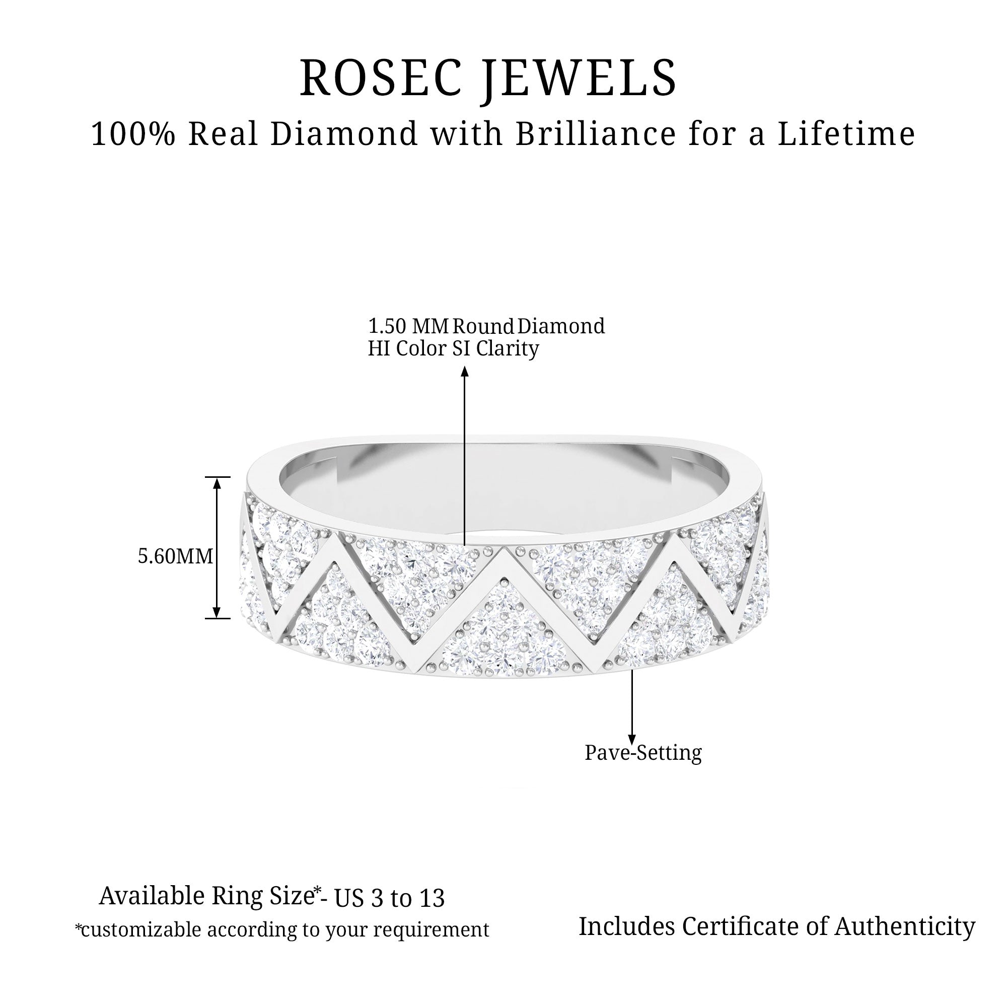 Certified Diamond Zig Zag Wedding Band Ring Diamond - ( HI-SI ) - Color and Clarity - Rosec Jewels