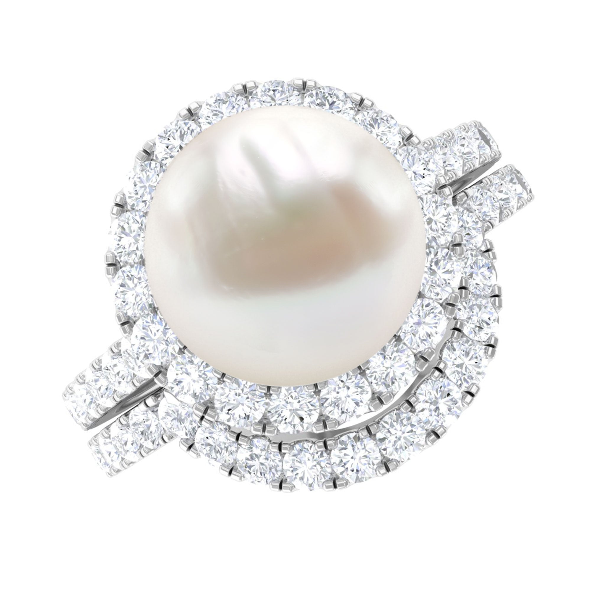 Freshwater Pearl and Diamond Halo Wedding Ring Set Freshwater Pearl - ( AAA ) - Quality - Rosec Jewels