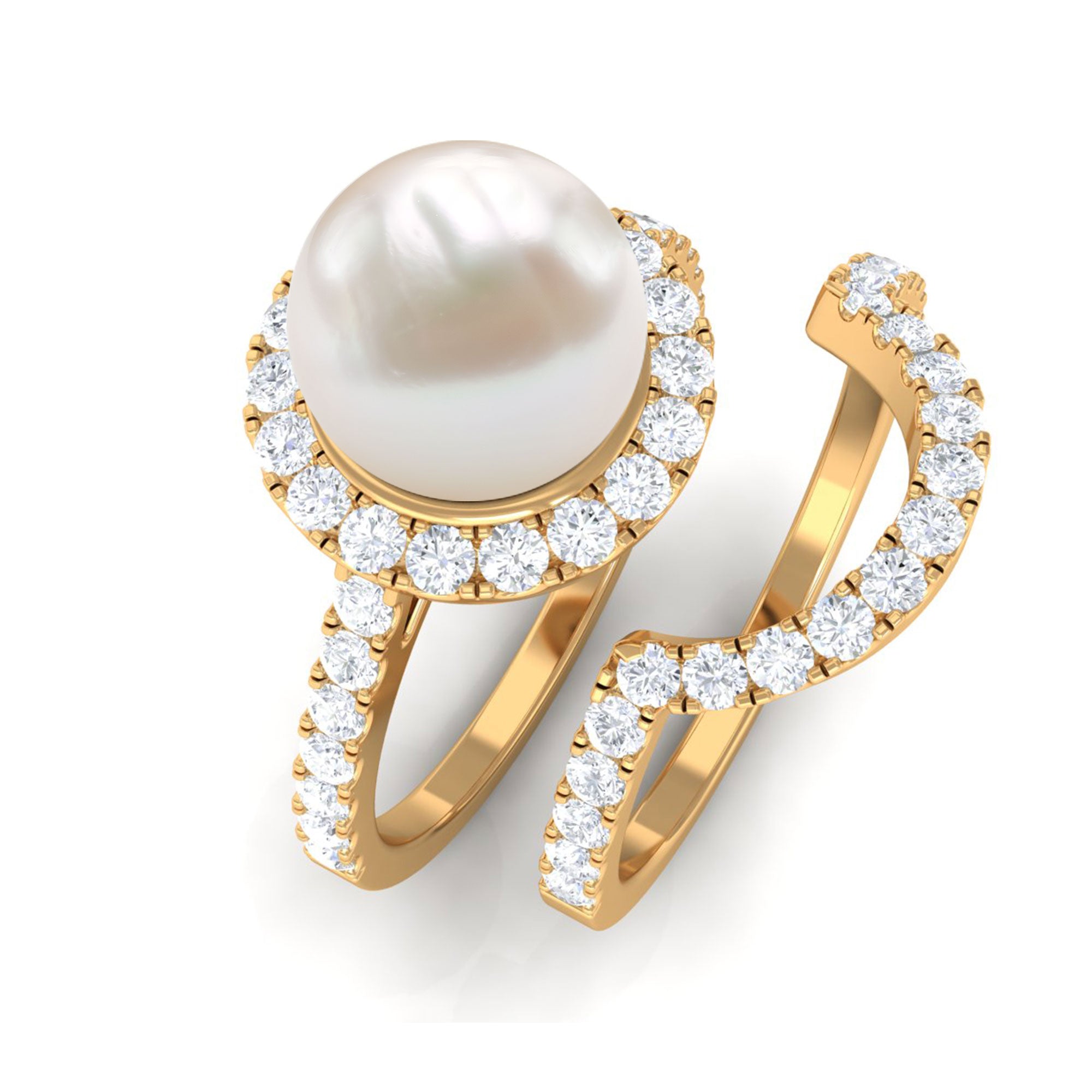 Freshwater Pearl and Diamond Halo Wedding Ring Set Freshwater Pearl - ( AAA ) - Quality - Rosec Jewels