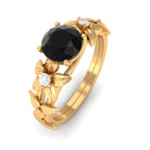 0.75 CT Black Onyx Solitaire Floral Ring with Diamond Black Onyx - ( AAA ) - Quality - Rosec Jewels