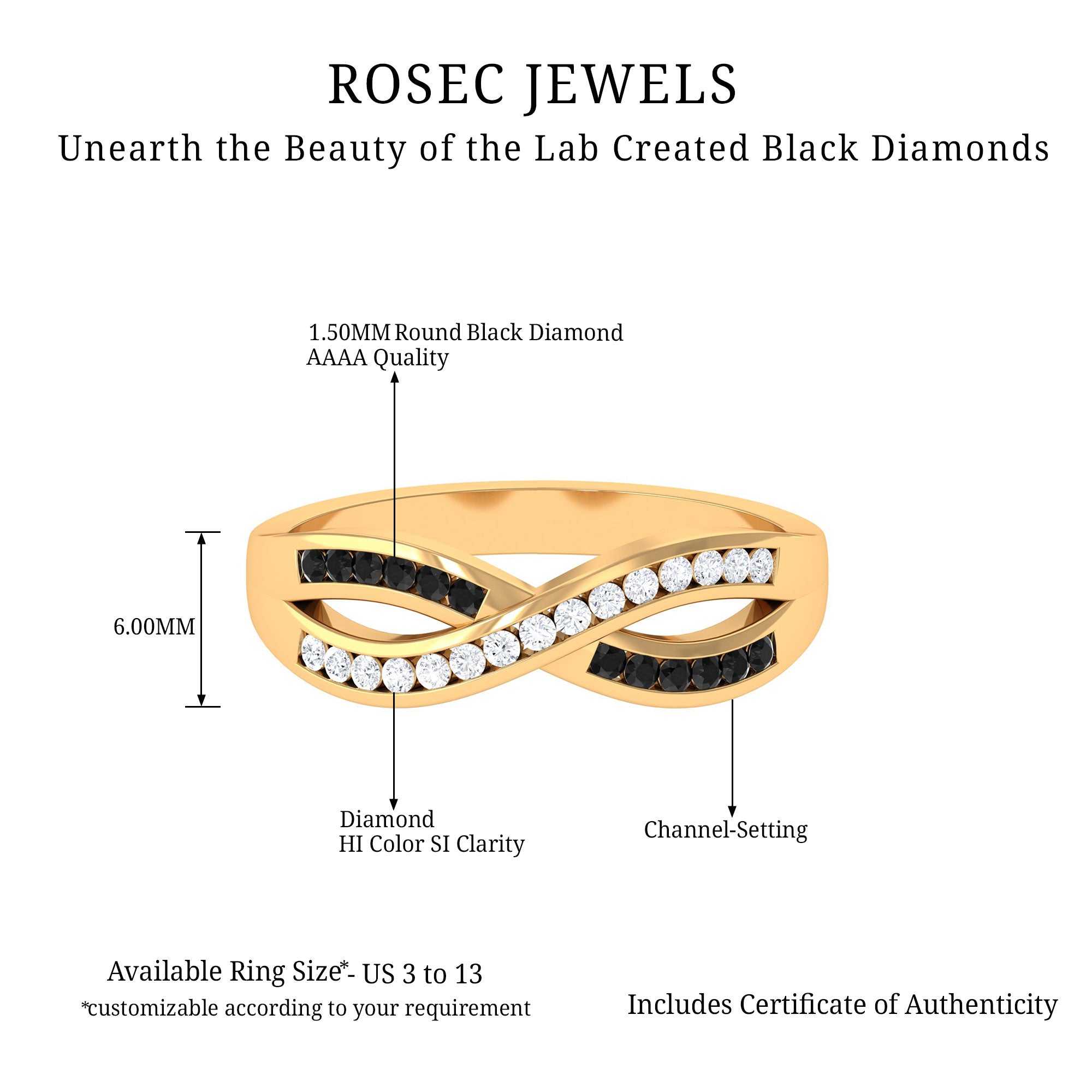 1 CT Channel Set Created Black Diamond Infinity Ring with Diamond Lab Created Black Diamond - ( AAAA ) - Quality - Rosec Jewels