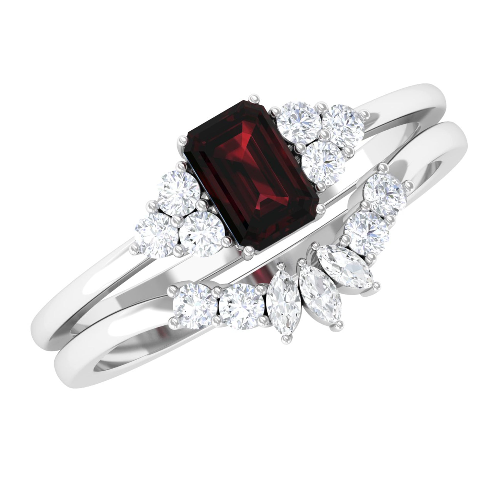 Octagon Cut Garnet Solitaire Ring Set with Diamond Garnet - ( AAA ) - Quality - Rosec Jewels