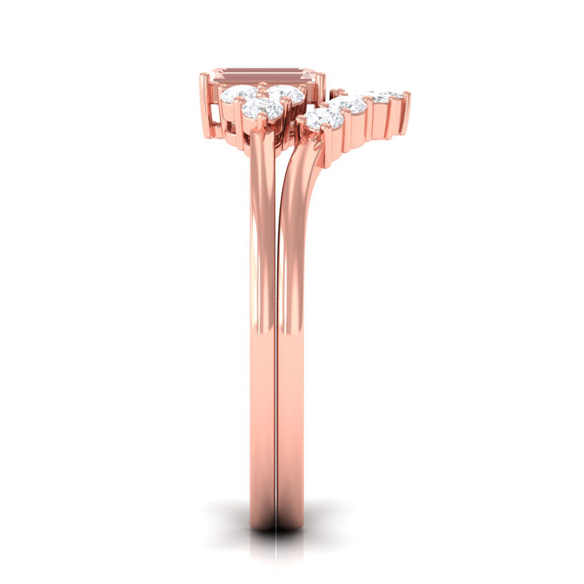 Emerald Cut Morganite Solitaire Stackable Ring Set with Diamond Morganite - ( AAA ) - Quality - Rosec Jewels