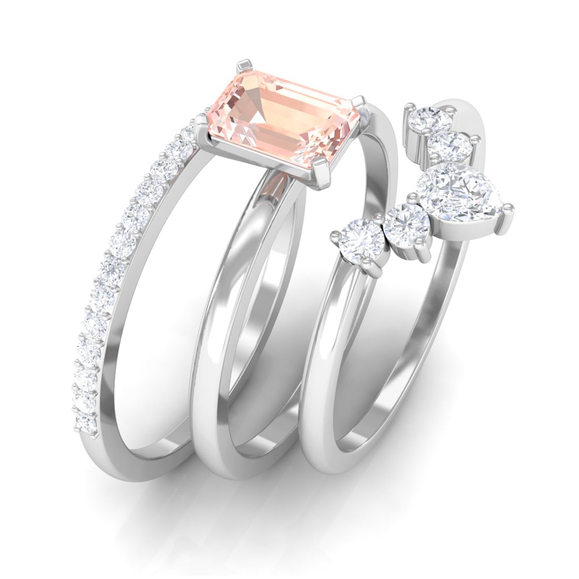 Emerald Cut Morganite Solitaire Ring Set of 3 with Diamond Morganite - ( AAA ) - Quality - Rosec Jewels