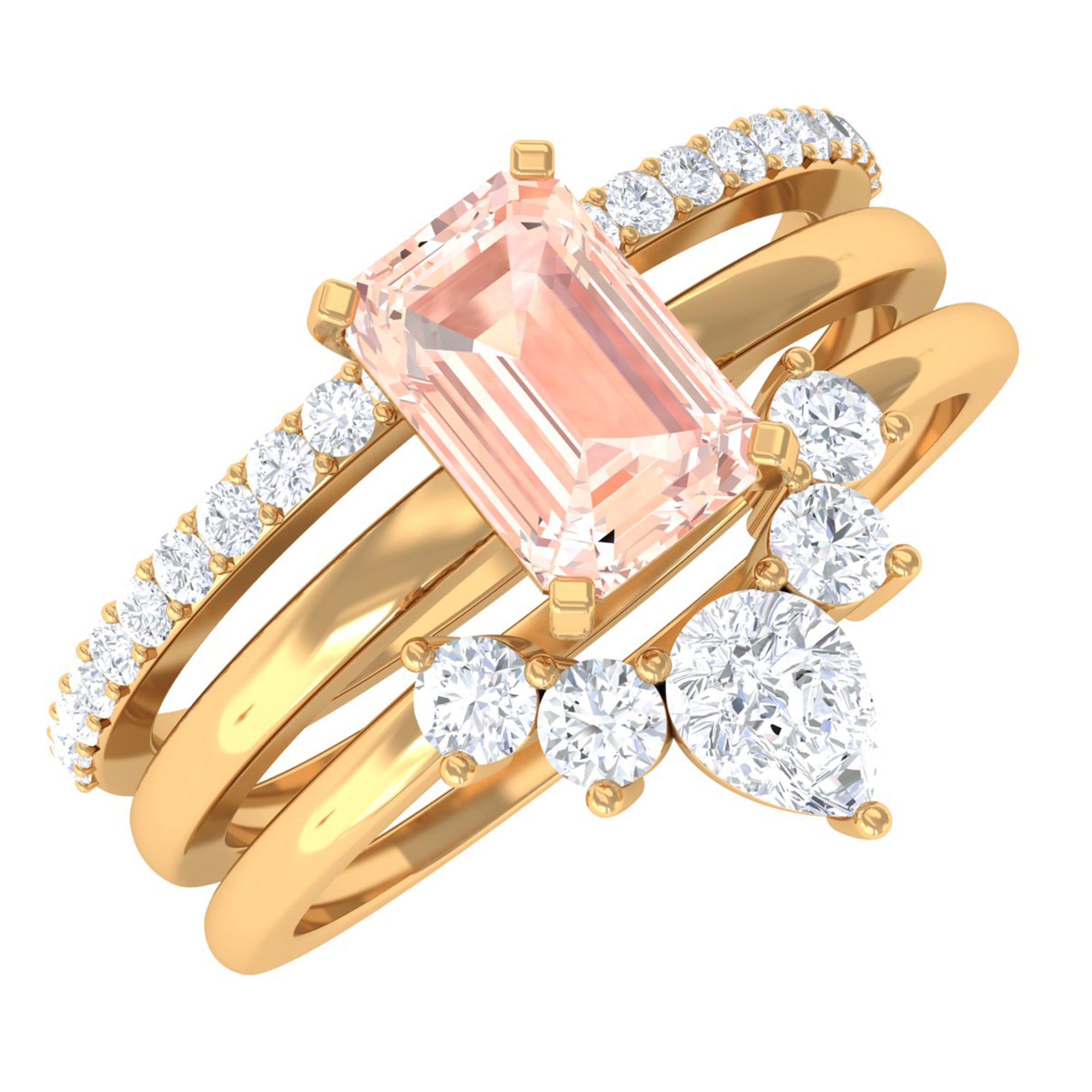 Emerald Cut Morganite Solitaire Ring Set of 3 with Diamond Morganite - ( AAA ) - Quality - Rosec Jewels