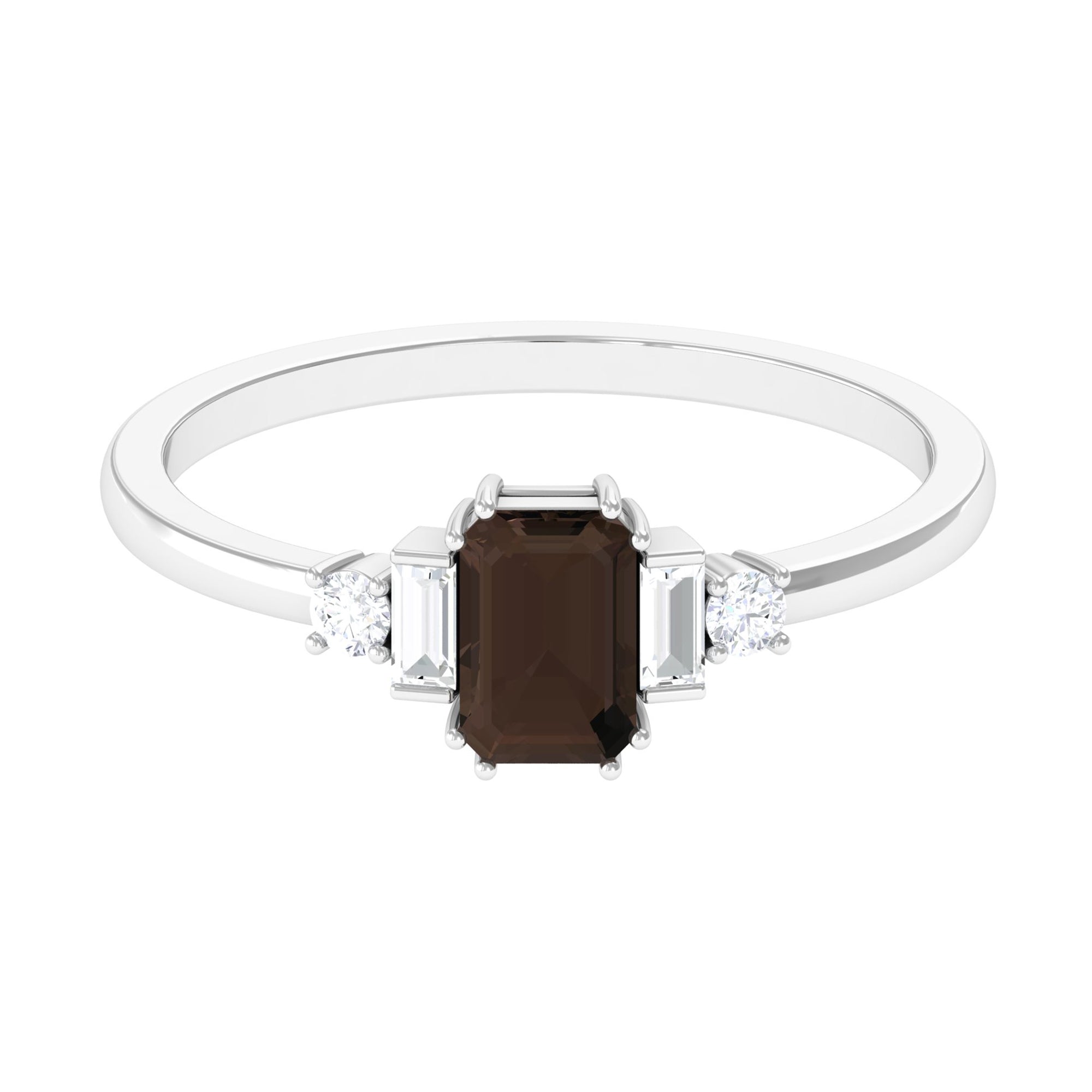 Octagon Cut Smoky Quartz Minimal Ring with Diamond Smoky Quartz - ( AAA ) - Quality - Rosec Jewels