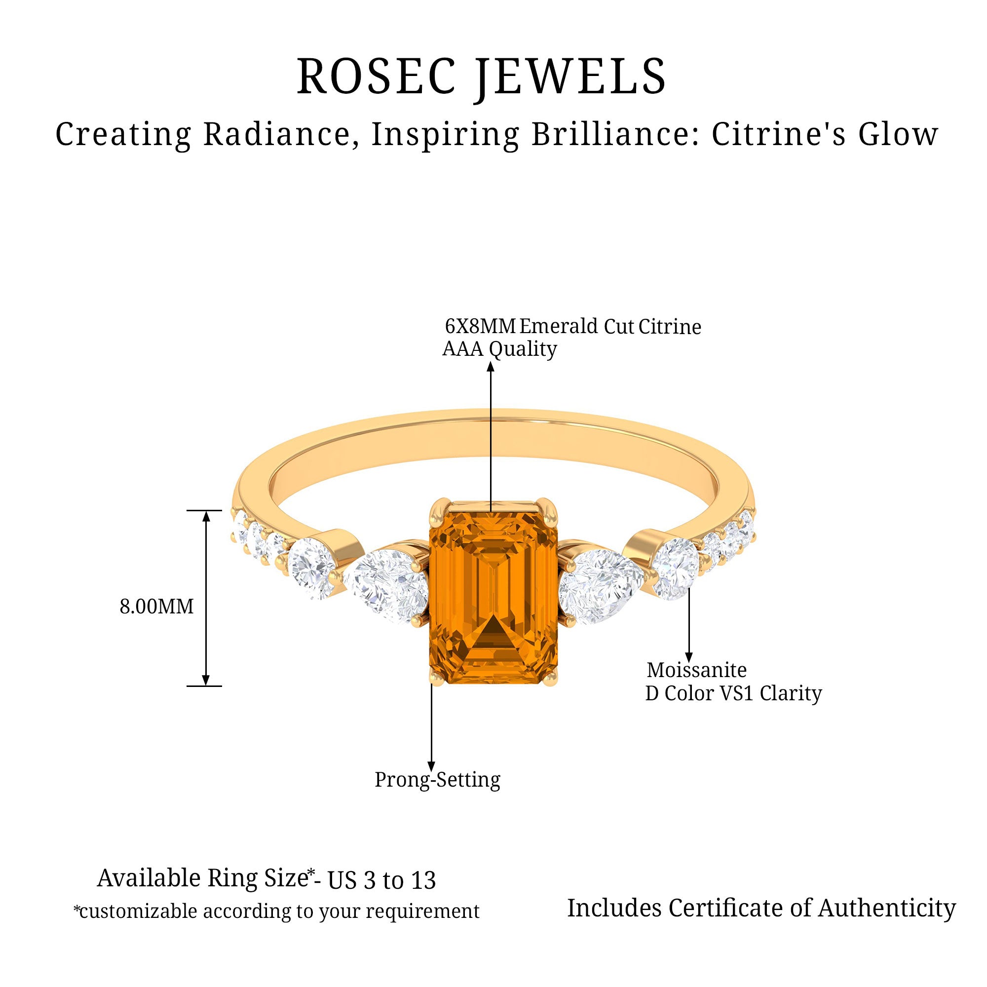 1.75 CT Classic Citrine Solitaire Ring with Moissanite Stones Citrine - ( AAA ) - Quality - Rosec Jewels