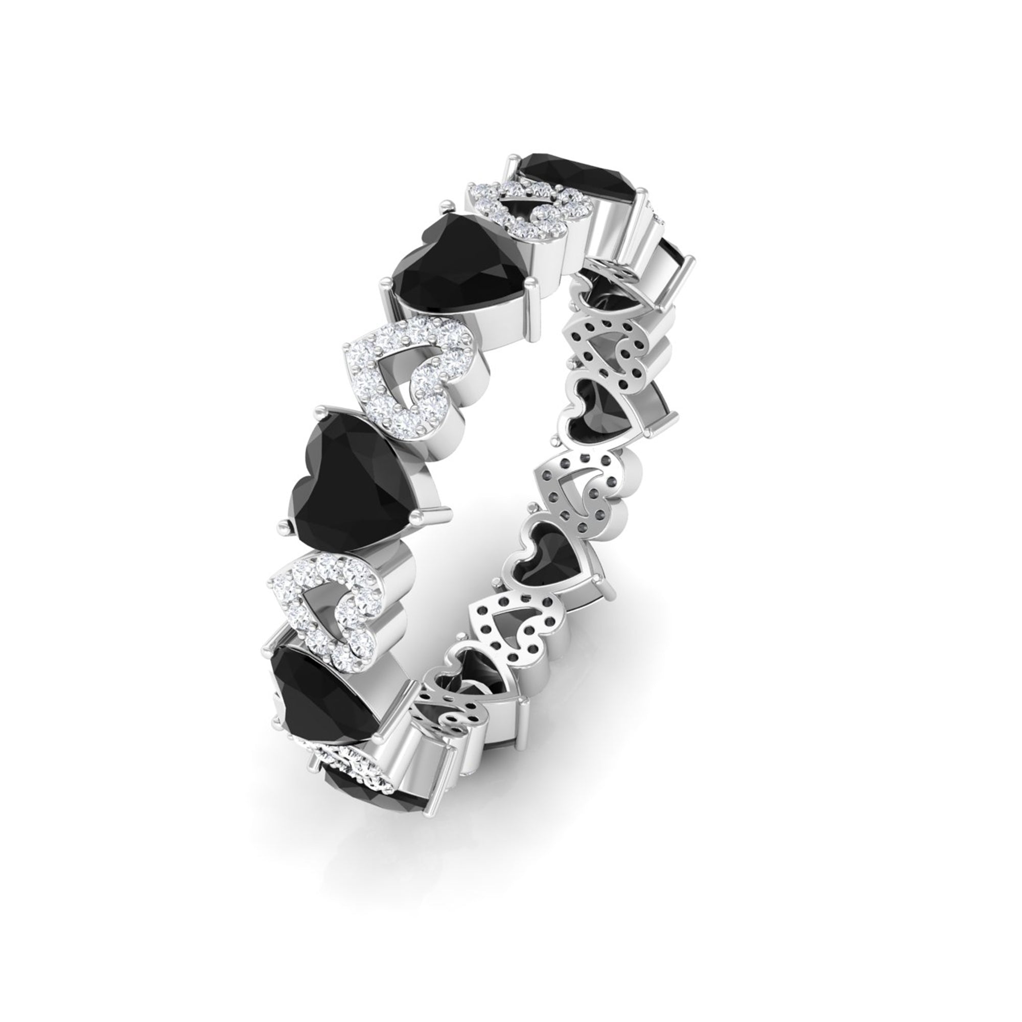 Black Onyx Heart Shape Eternity Ring with Diamond Black Onyx - ( AAA ) - Quality - Rosec Jewels