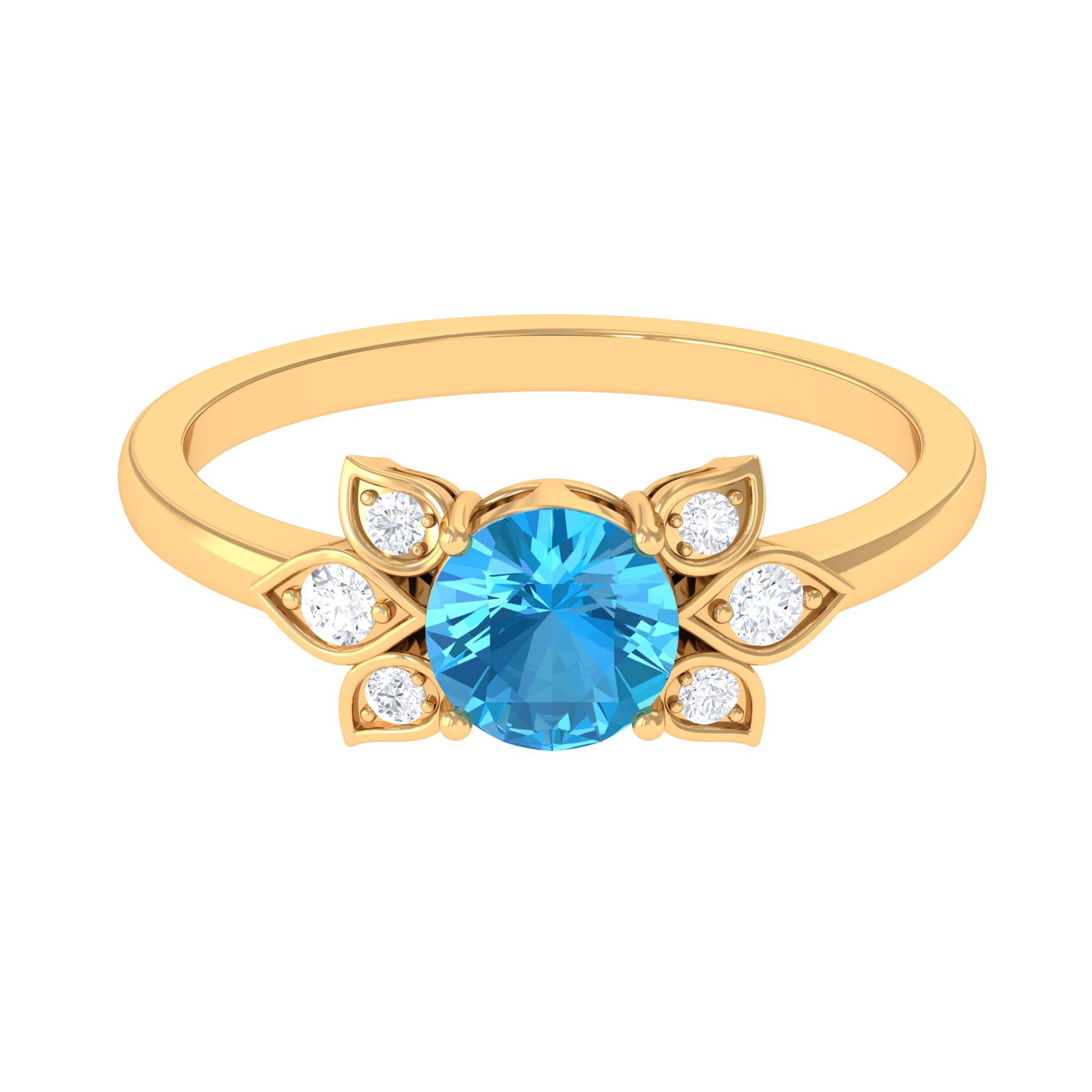 Swiss Blue Topaz Solitaire Flower Ring with Diamond Swiss Blue Topaz - ( AAA ) - Quality - Rosec Jewels