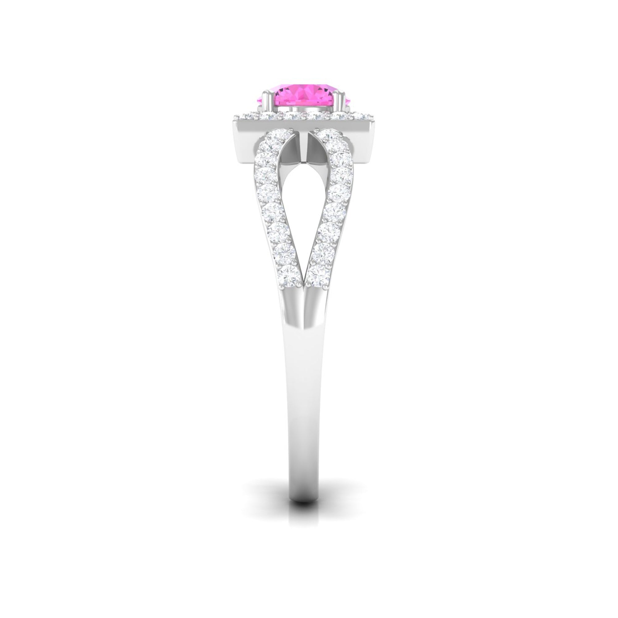 Round Pink Sapphire and Diamond Halo Ring in Split Shank Pink Sapphire - ( AAA ) - Quality - Rosec Jewels