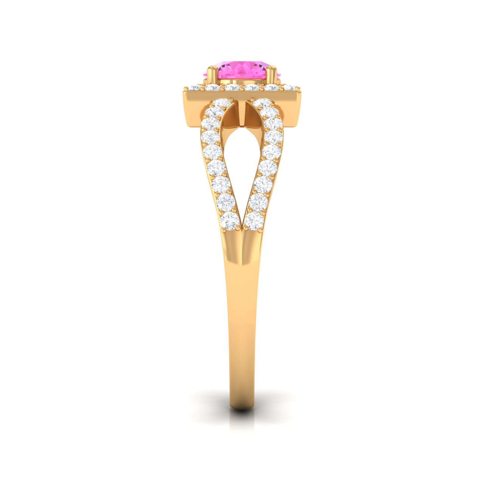 Round Pink Sapphire and Diamond Halo Ring in Split Shank Pink Sapphire - ( AAA ) - Quality - Rosec Jewels