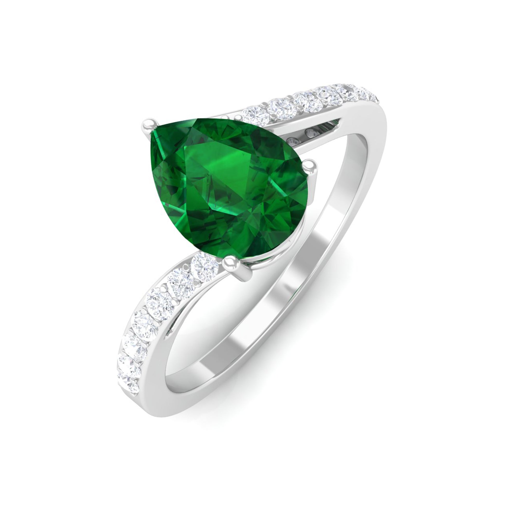 1.25 CT Pear Lab Created Emerald Solitaire Bypass Ring with Diamond Lab Created Emerald - ( AAAA ) - Quality - Rosec Jewels