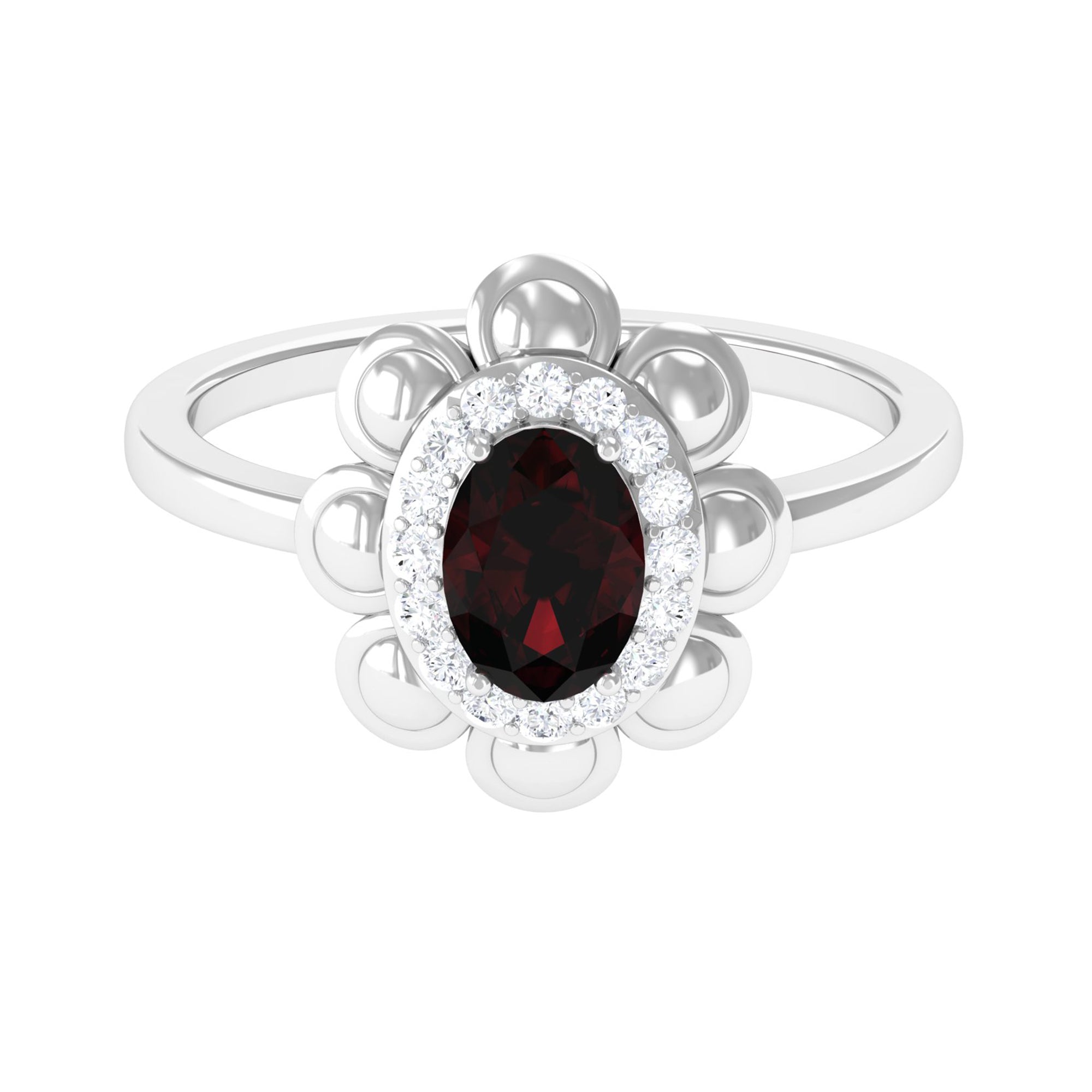 Oval Shape Garnet Flower Engagement Ring with Diamond Halo Garnet - ( AAA ) - Quality - Rosec Jewels