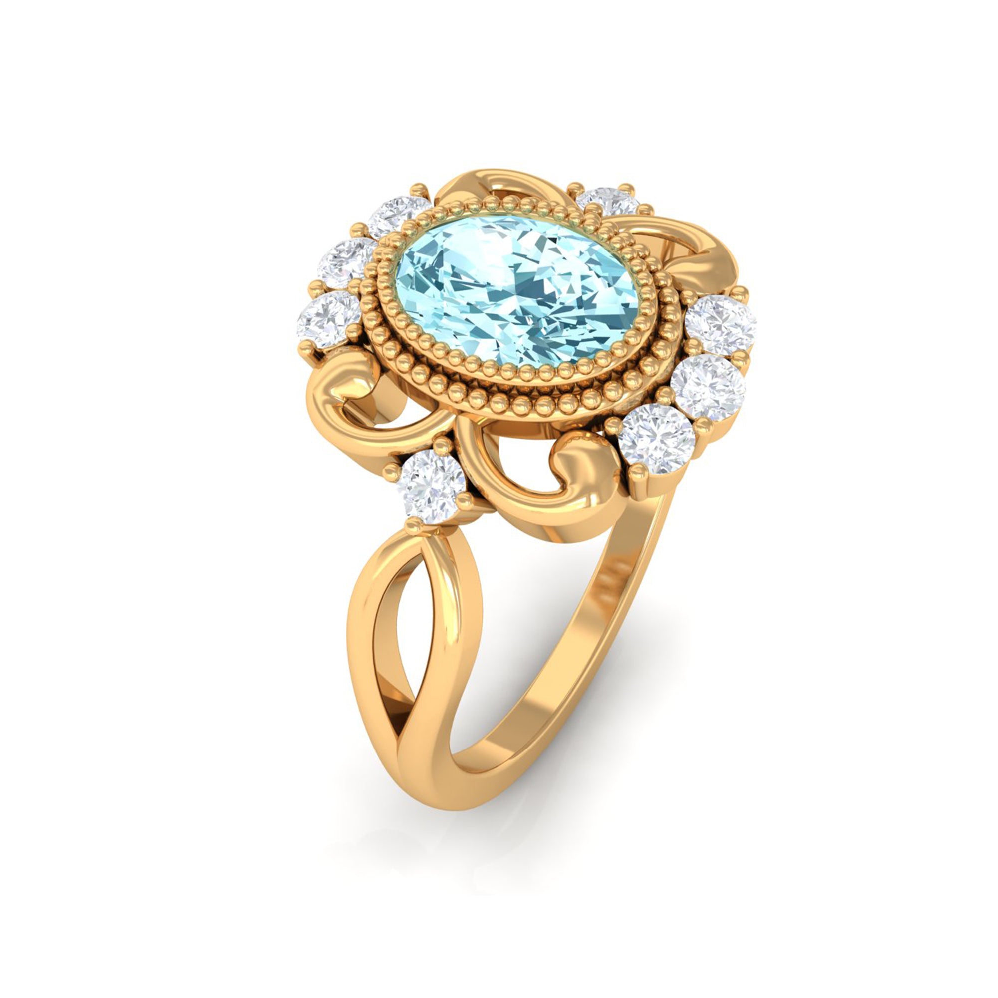 Vintage Inspired Aquamarine Solitaire Engagement Ring with Diamond Aquamarine - ( AAA ) - Quality - Rosec Jewels