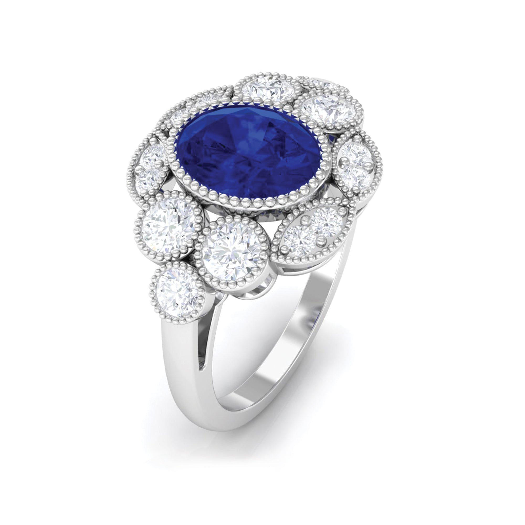 Oval Created Blue Sapphire Statement Engagement Ring with Diamond Halo Lab Created Blue Sapphire - ( AAAA ) - Quality - Rosec Jewels