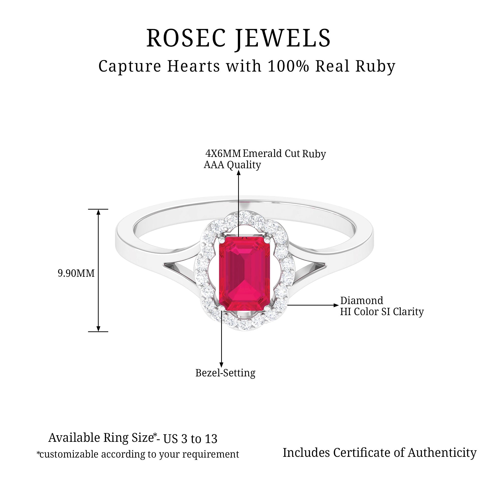 Emerald Cut Ruby and Diamond Floral Halo Ring with Split Shank Ruby - ( AAA ) - Quality - Rosec Jewels