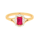 Emerald Cut Ruby and Diamond Floral Halo Ring with Split Shank Ruby - ( AAA ) - Quality - Rosec Jewels