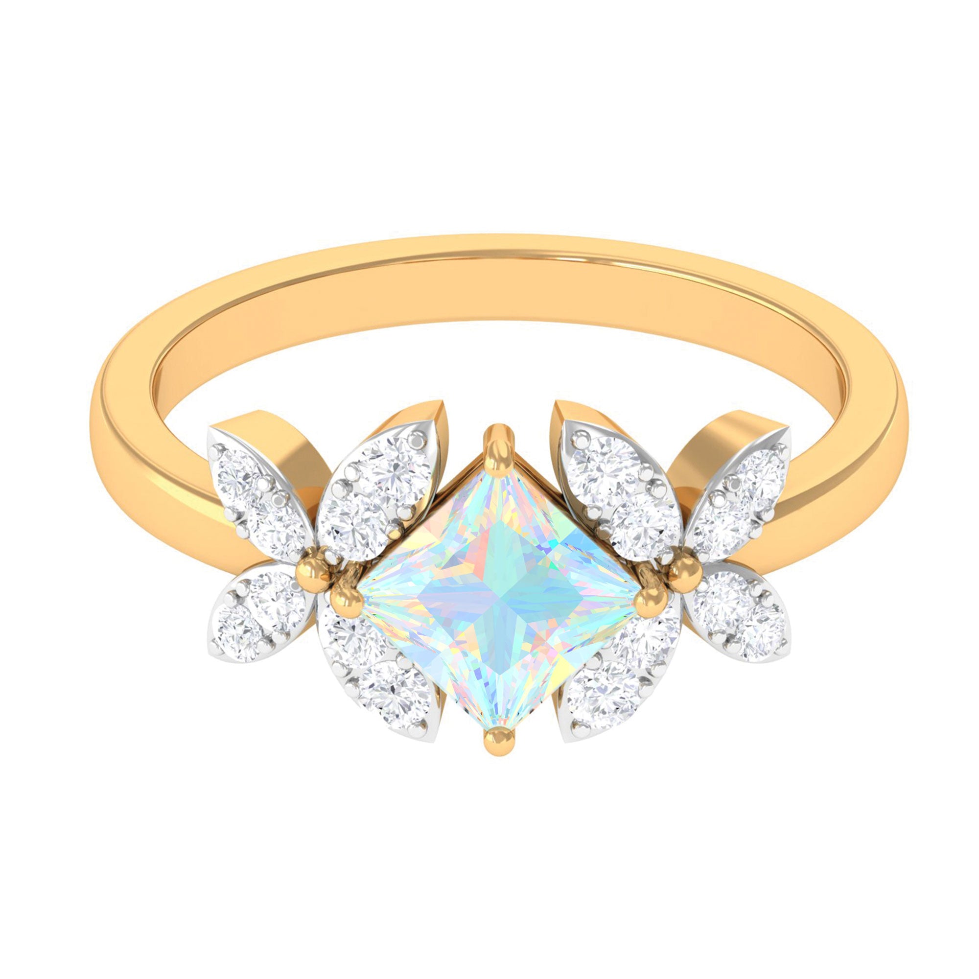 Princess Cut Ethiopian Opal Flower Engagement Ring with Diamond Ethiopian Opal - ( AAA ) - Quality - Rosec Jewels