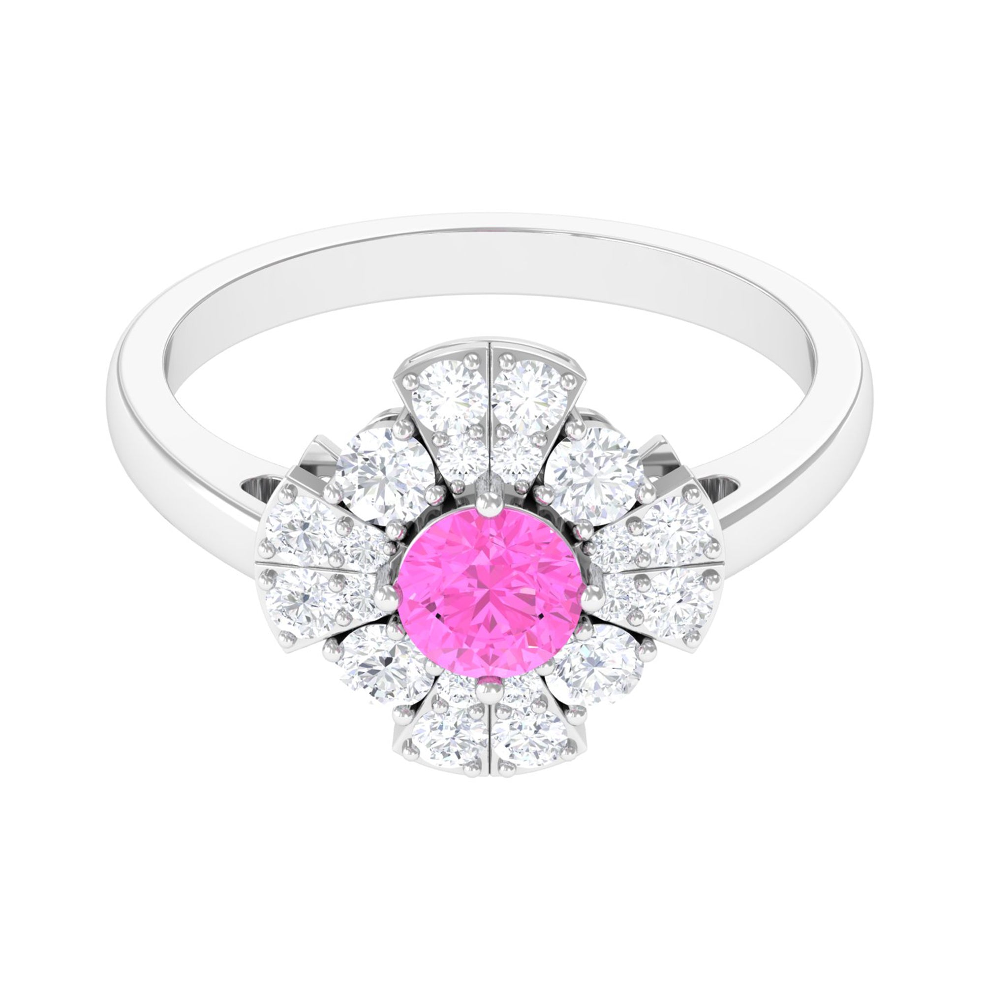 Real Pink Sapphire Flower Engagement Ring with Diamond Pink Sapphire - ( AAA ) - Quality - Rosec Jewels