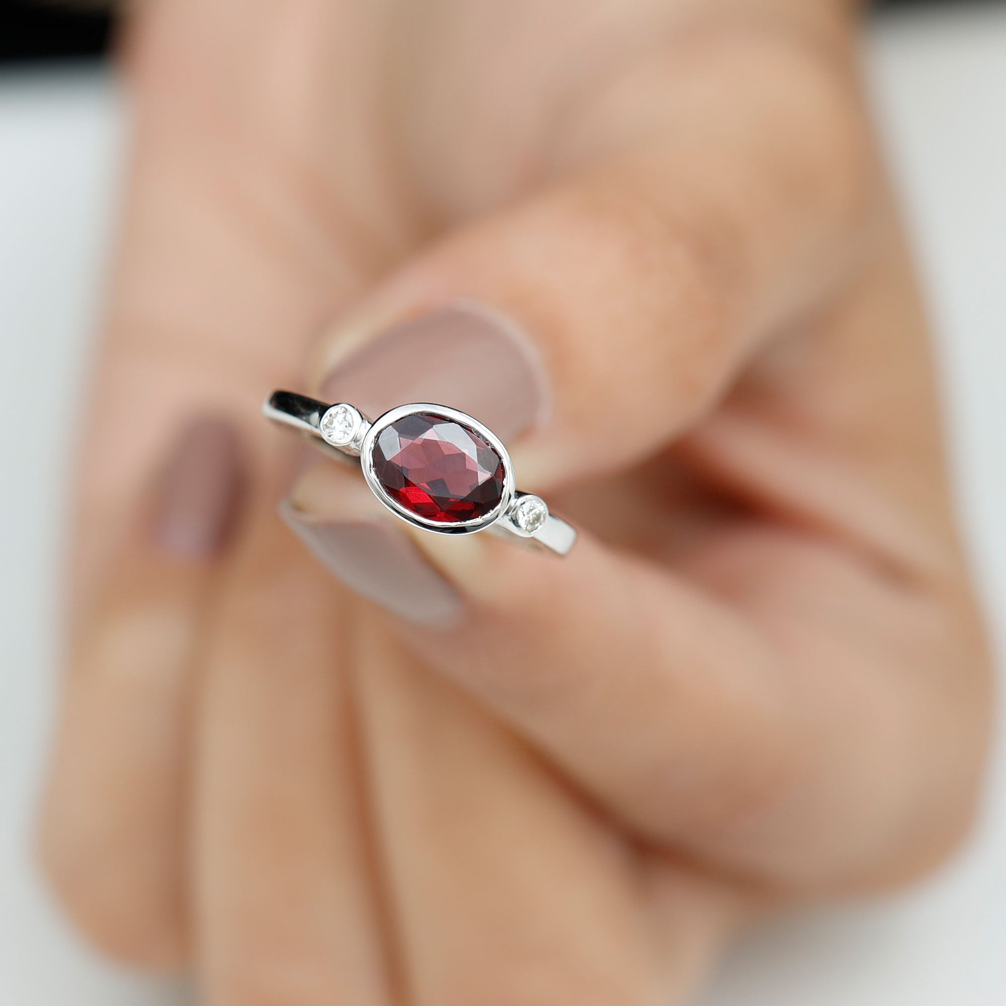 1.75 CT Oval Cut Rhodolite East West Ring with Diamond Stones Rhodolite - ( AAA ) - Quality - Rosec Jewels