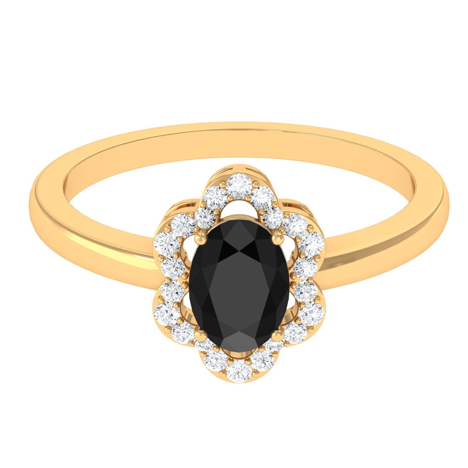 1.25 CT Oval Black Onyx Cocktail Engagement Ring with Diamond Floral Halo Black Onyx - ( AAA ) - Quality - Rosec Jewels