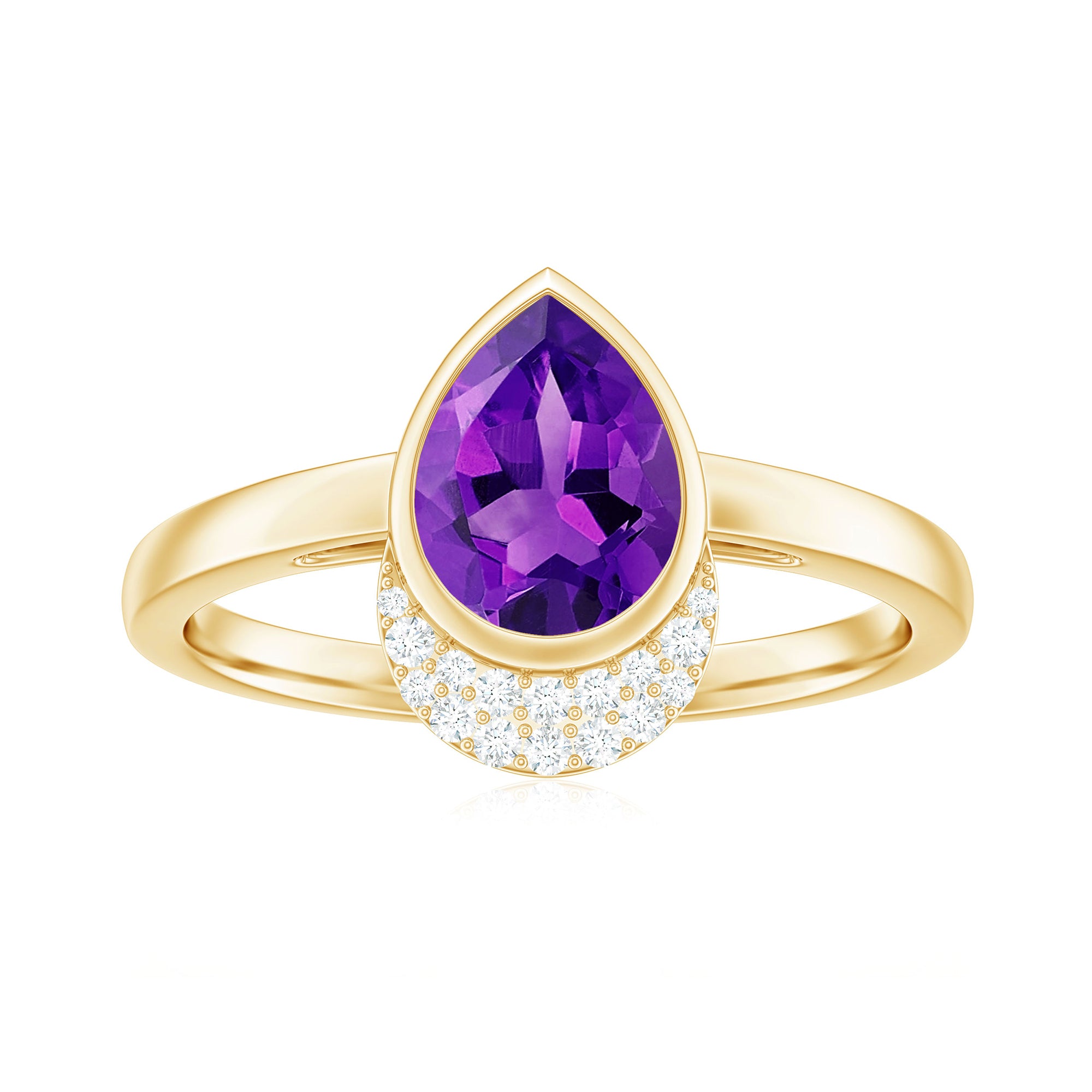 Bezel Set Amethyst Teardrop Cocktail Ring with Diamond Accent Amethyst - ( AAA ) - Quality - Rosec Jewels