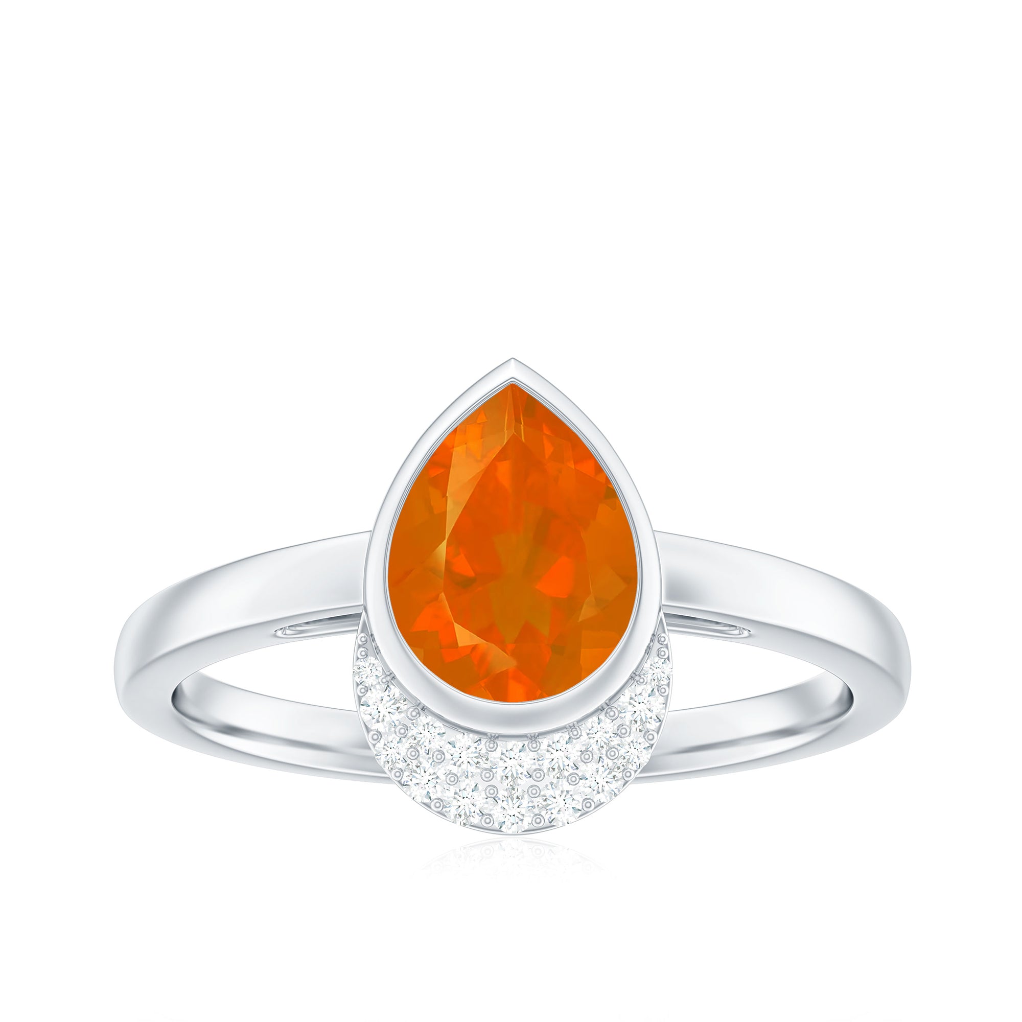 Bezel Set Fire Opal Teardrop Cocktail Engagement Ring with Diamond Accent Fire Opal - ( AAA ) - Quality - Rosec Jewels