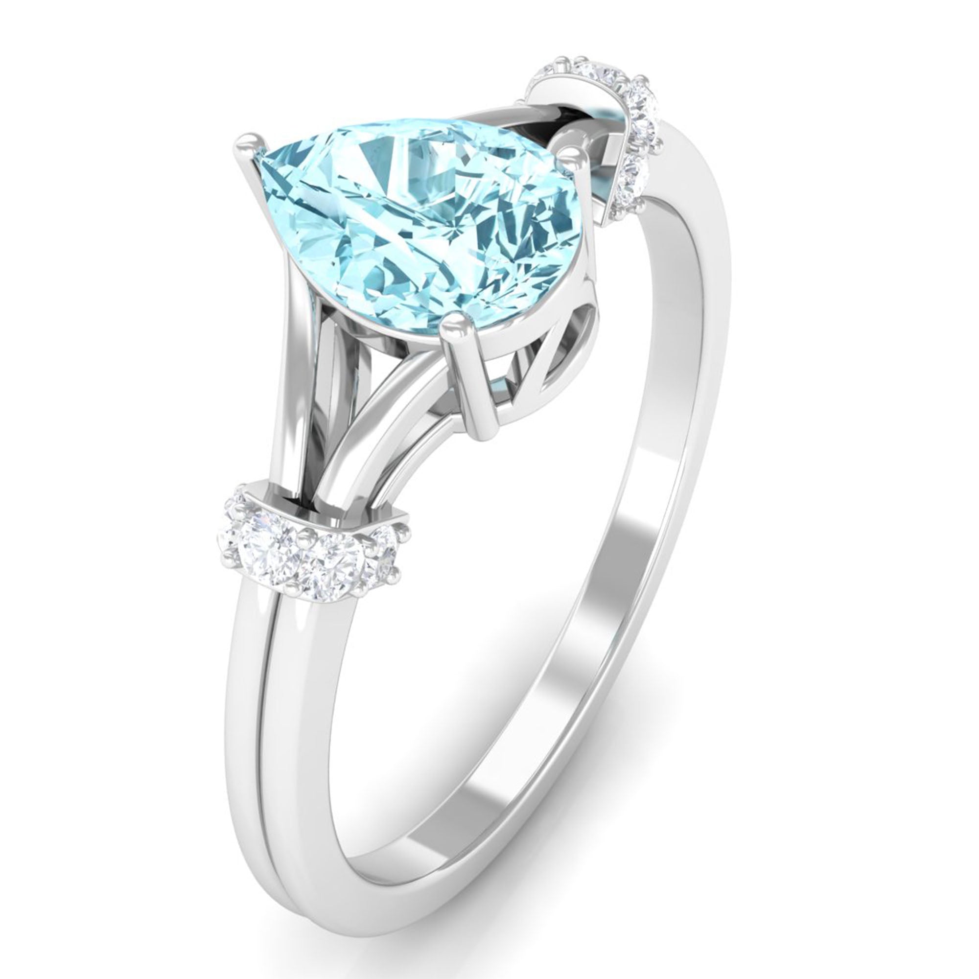 Pear Shape Aquamarine and Diamond Solitaire Ring in Split Shank Aquamarine - ( AAA ) - Quality - Rosec Jewels