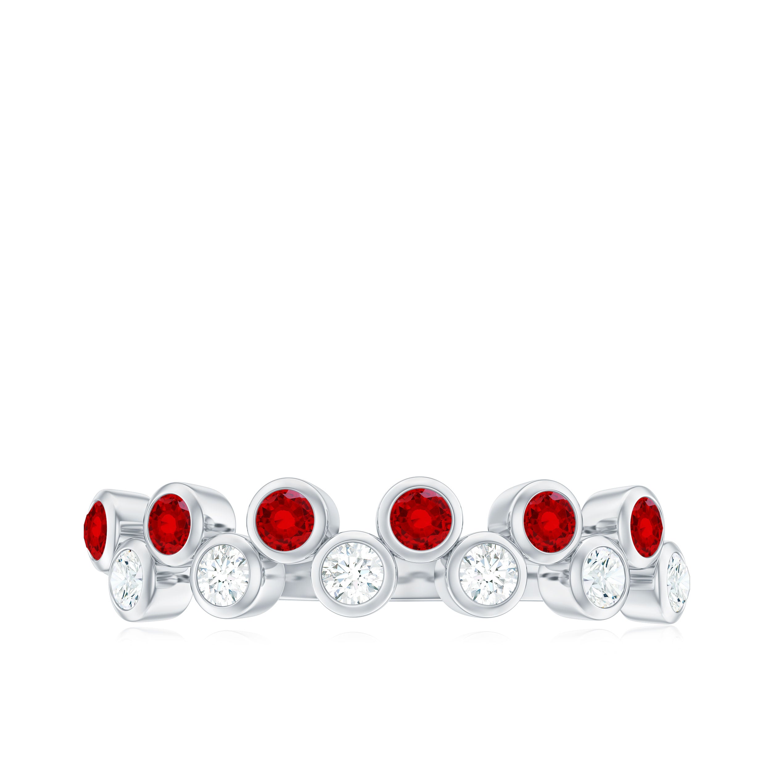 Simple Bezel Set Round Created Ruby and Moissanite Half Eternity Ring Lab Created Ruby - ( AAAA ) - Quality - Rosec Jewels