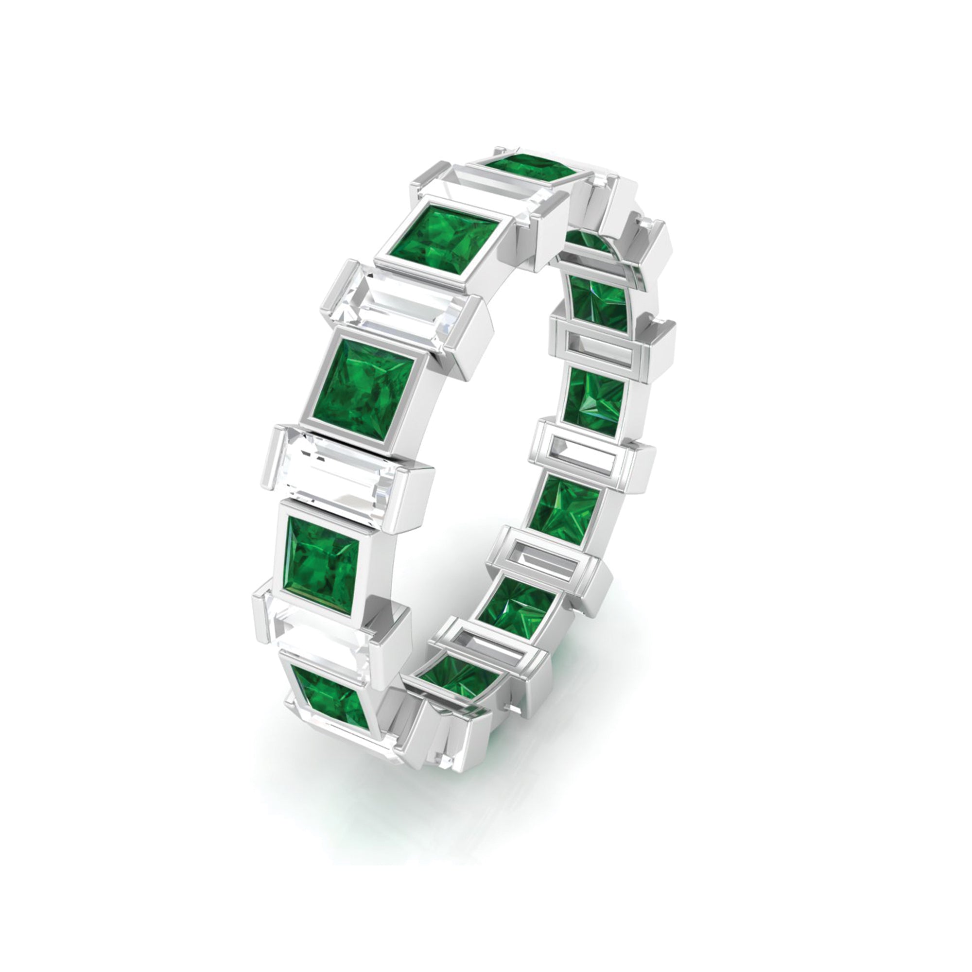 Princess Cut Created Emerald and Baguette Moissanite Alternate Eternity Ring Lab Created Emerald - ( AAAA ) - Quality - Rosec Jewels