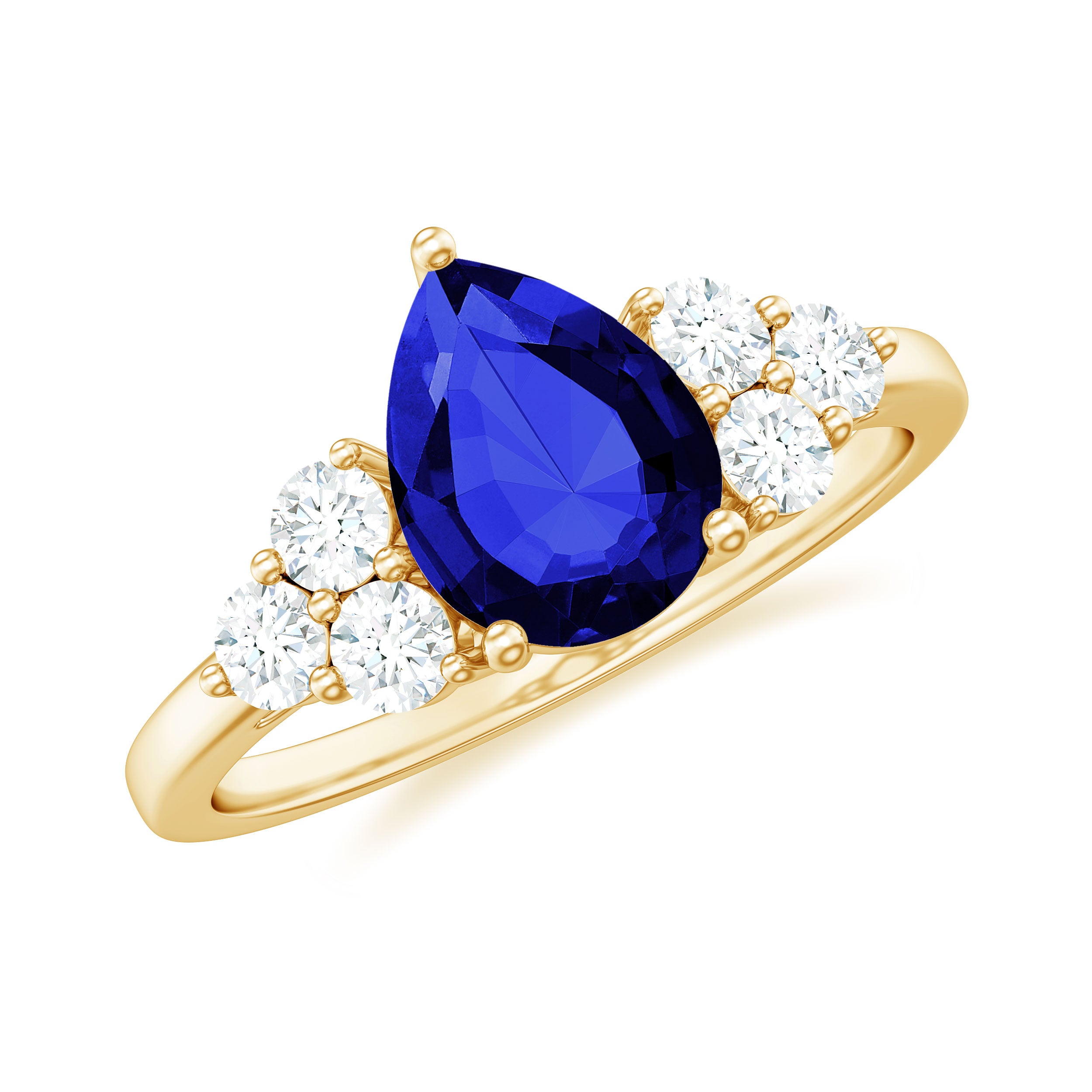 Rosec Jewels-Pear Cut Lab Grown Blue Sapphire Solitaire Ring with Diamond Trio