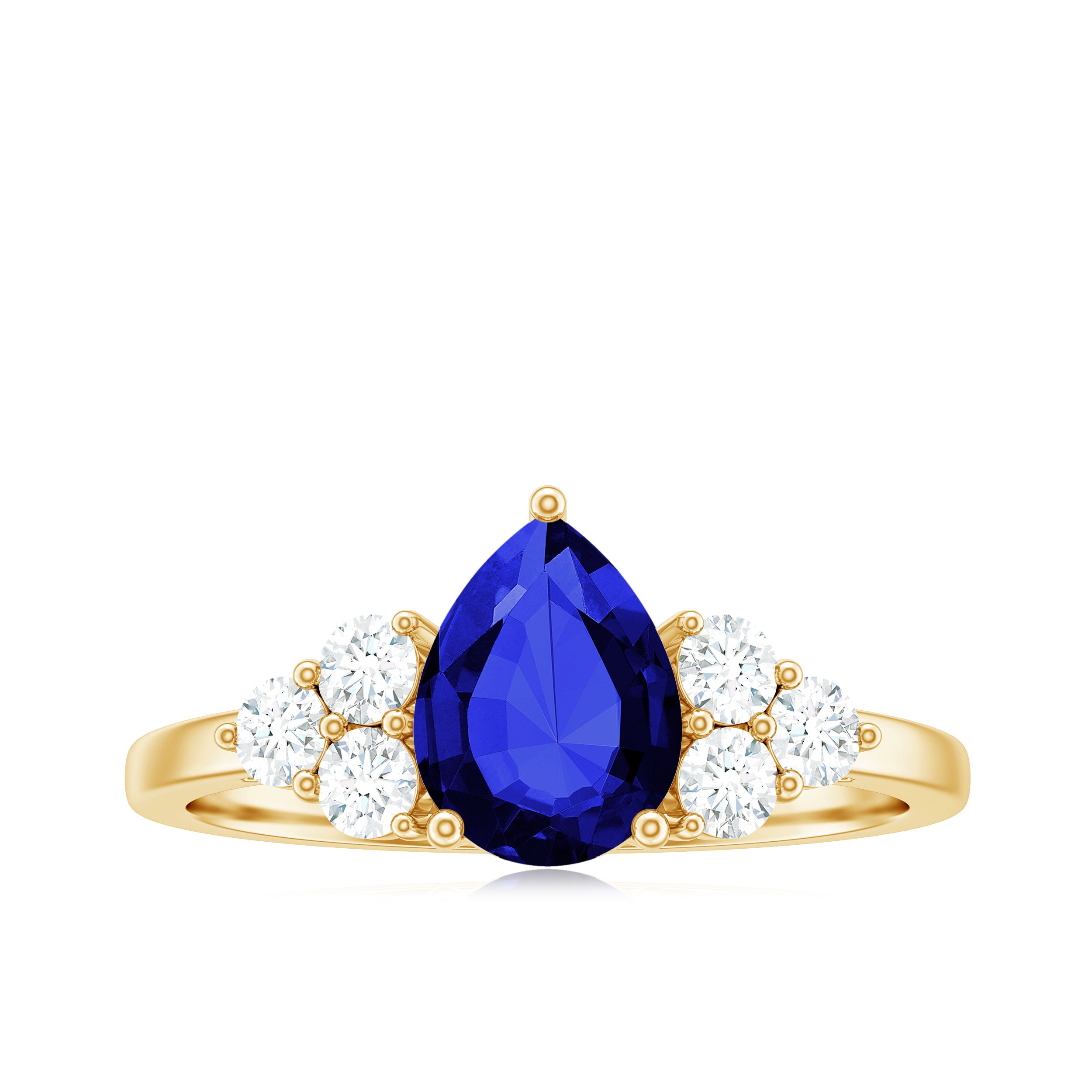 Rosec Jewels-Pear Cut Lab Grown Blue Sapphire Solitaire Ring with Diamond Trio