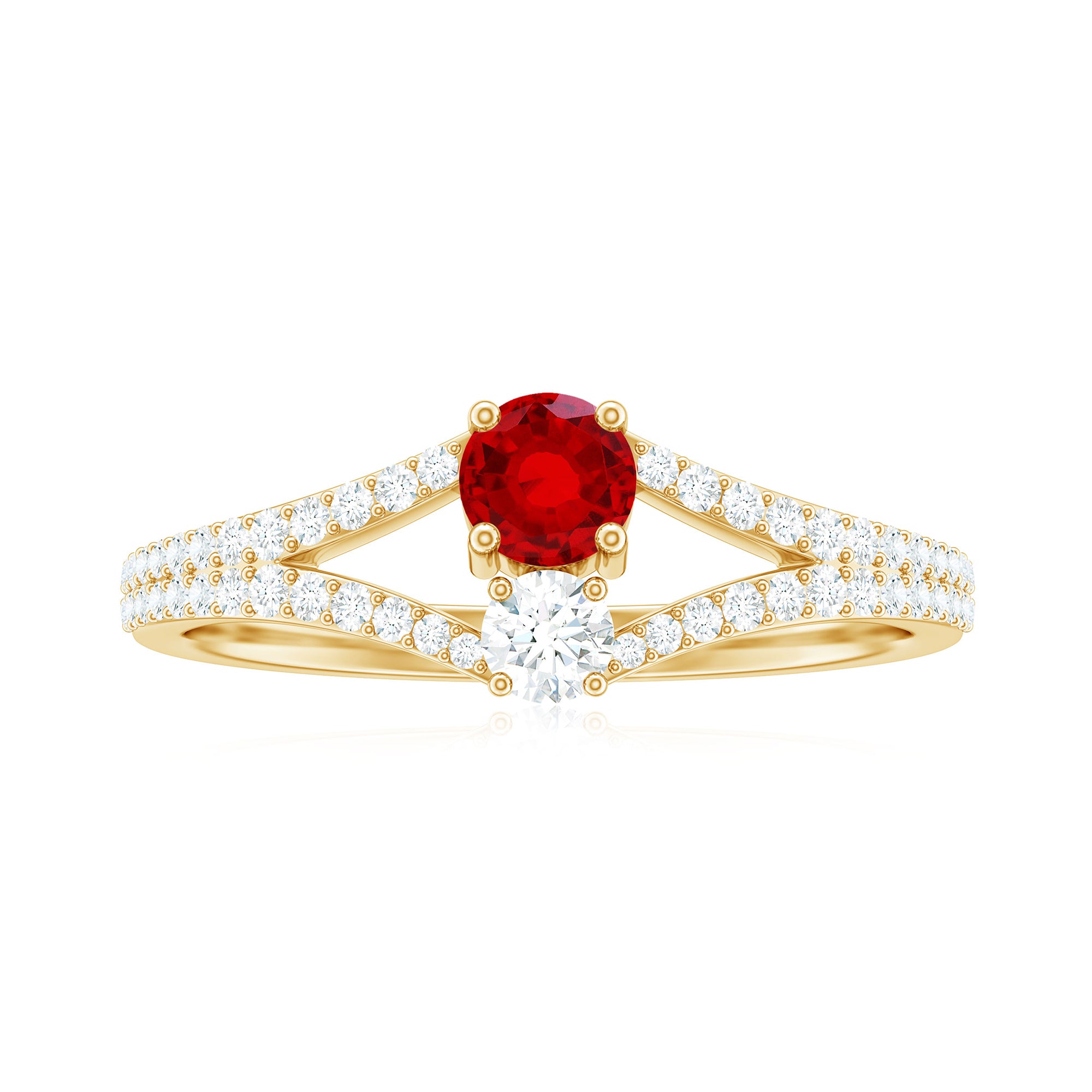 Created Ruby and Diamond Two Stone Split Shank Engagement Ring Lab Created Ruby - ( AAAA ) - Quality - Rosec Jewels