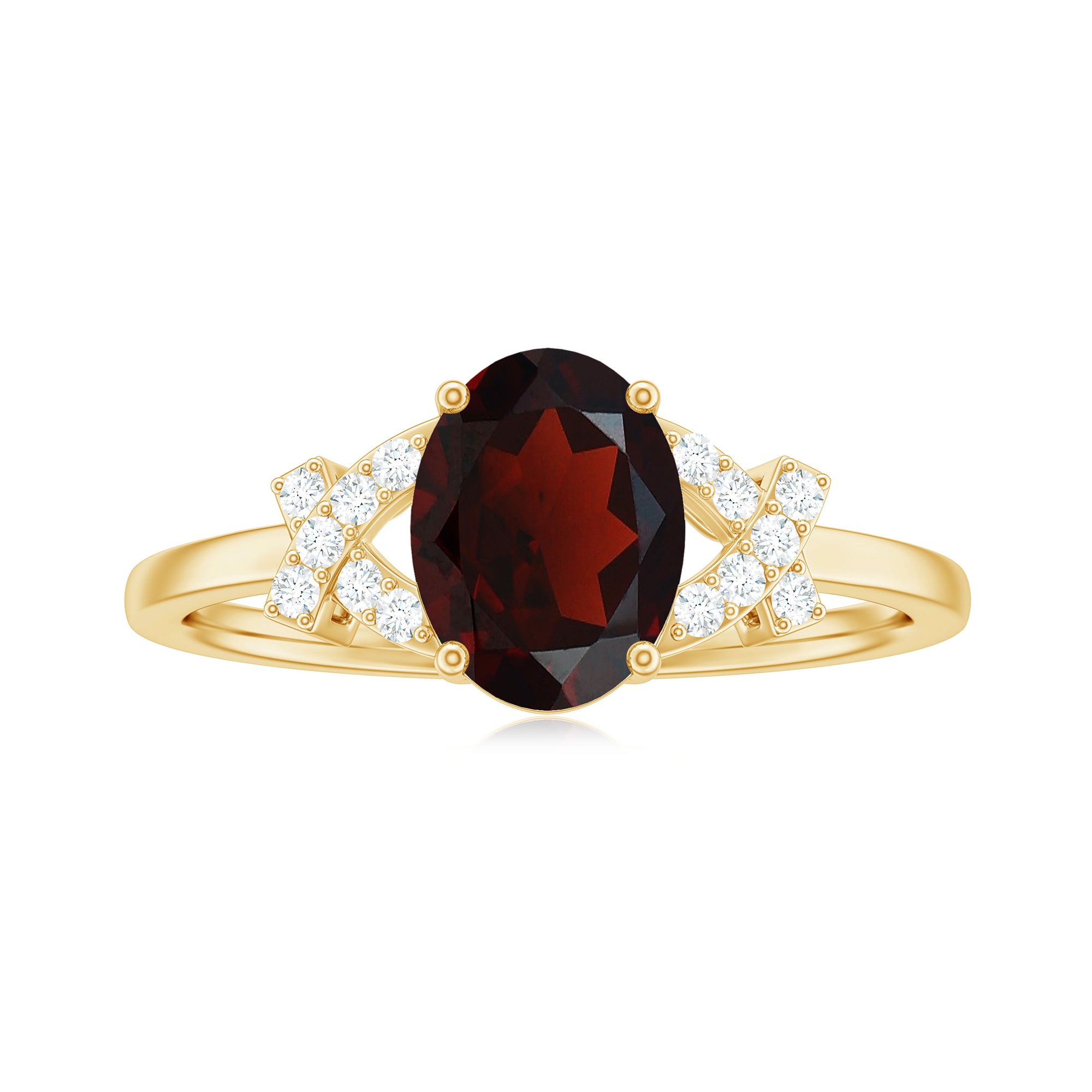 Oval Garnet Solitaire Ring with Diamond in Split Shank Garnet - ( AAA ) - Quality - Rosec Jewels