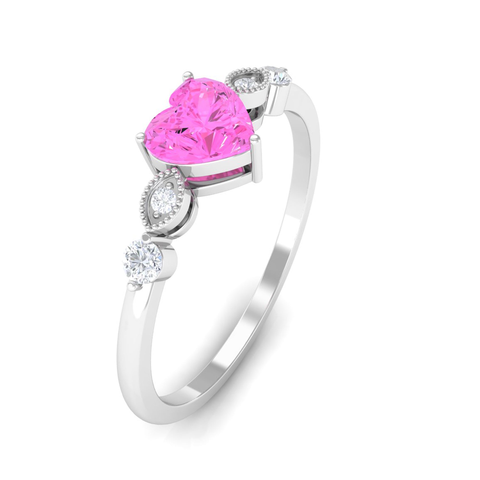 Solitaire Pink Sapphire and Diamond Heart Promise Ring Pink Sapphire - ( AAA ) - Quality - Rosec Jewels