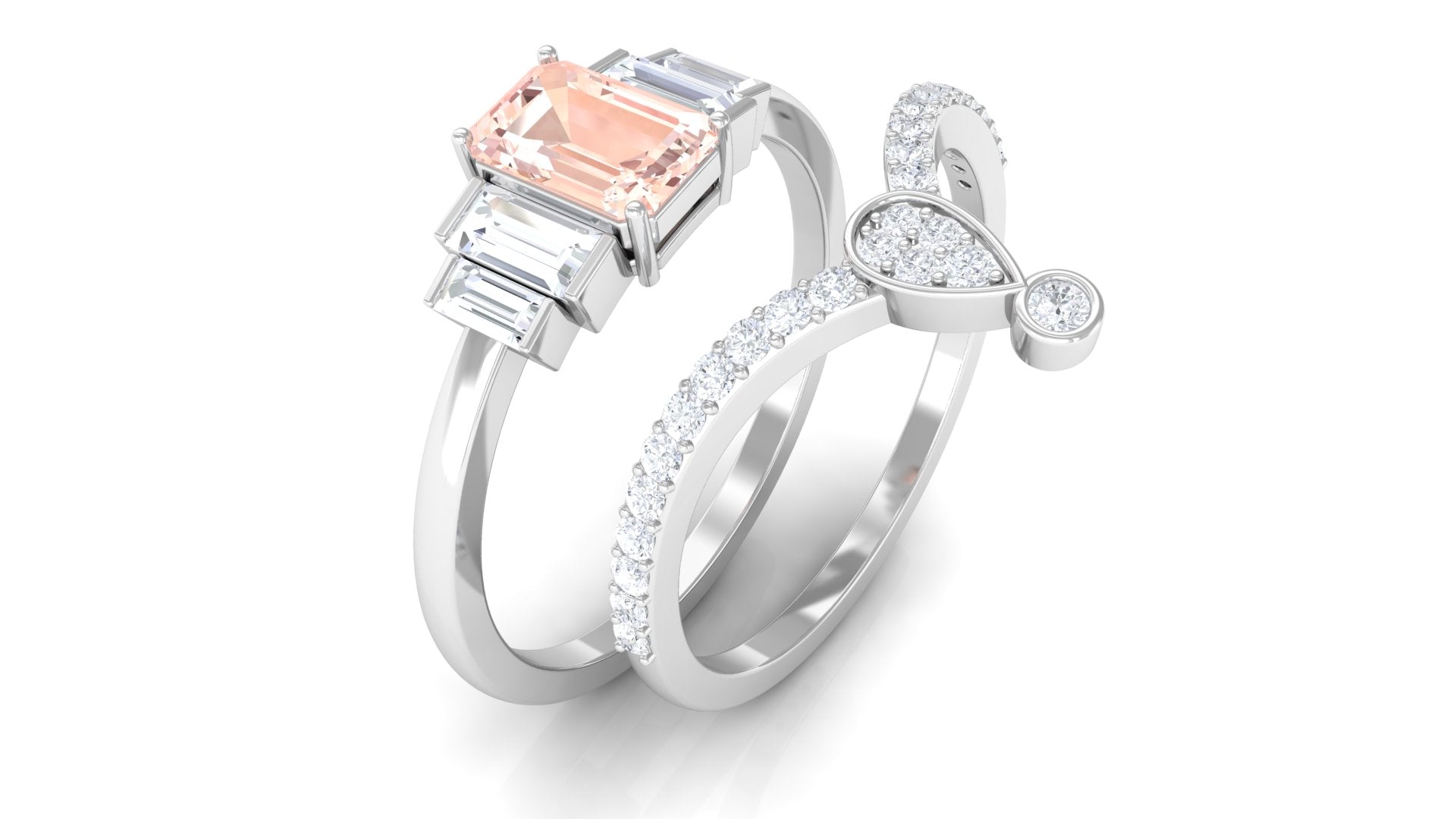 Morganite Stackable Ring Set with Moissanite Morganite - ( AAA ) - Quality - Rosec Jewels