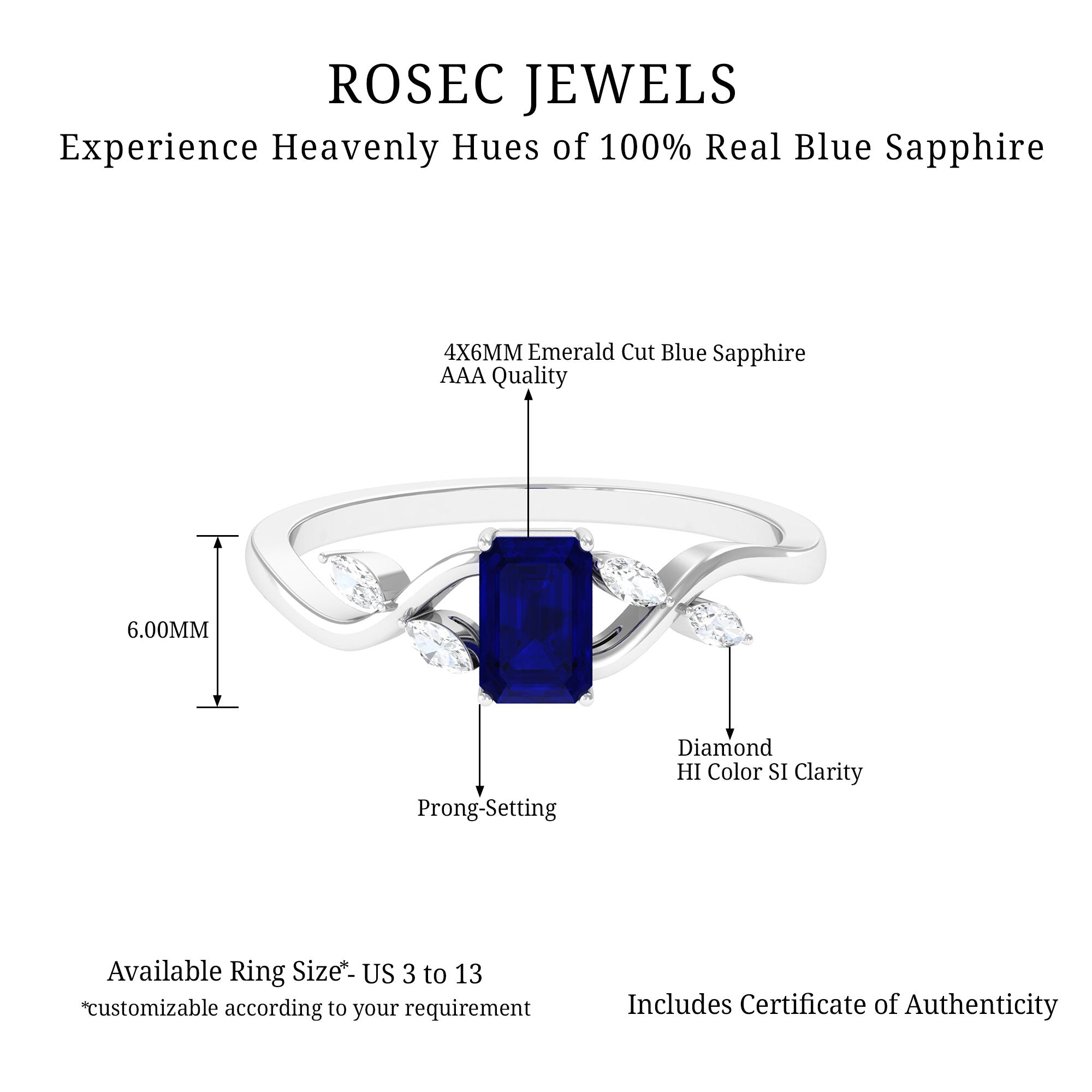 Octagon Cut Blue Sapphire Solitaire Engagement Ring with Diamond Blue Sapphire - ( AAA ) - Quality - Rosec Jewels