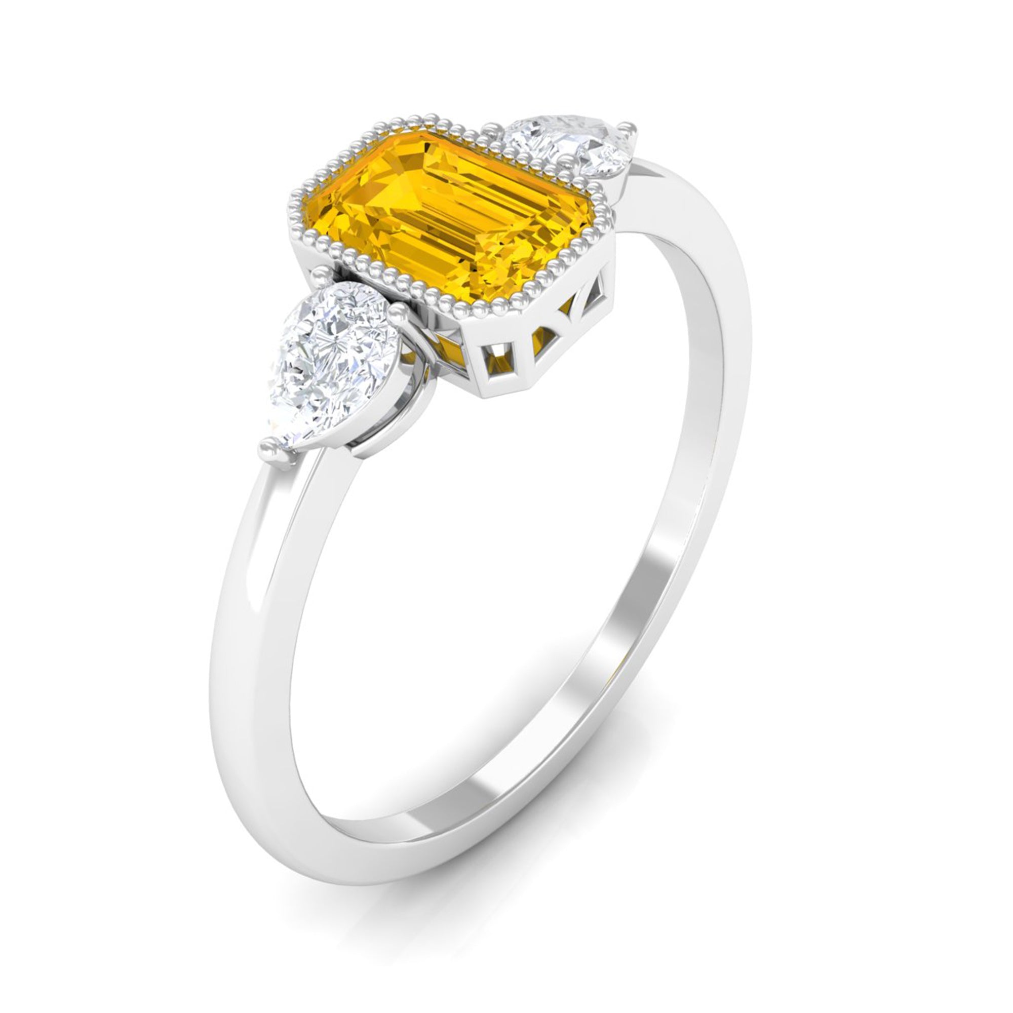 Beaded Bezel Set Emerald Cut Yellow Sapphire Solitaire Ring with Diamond Yellow Sapphire - ( AAA ) - Quality - Rosec Jewels