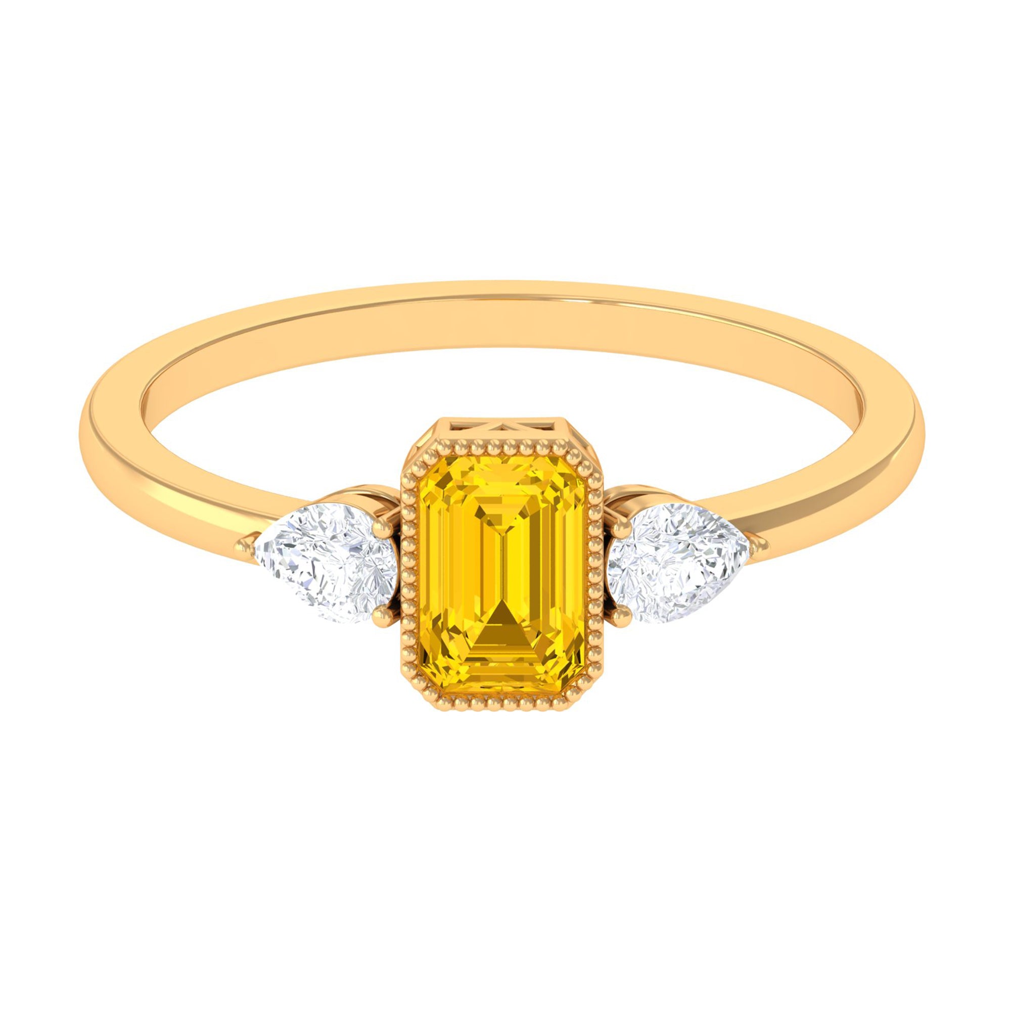 Beaded Bezel Set Emerald Cut Yellow Sapphire Solitaire Ring with Diamond Yellow Sapphire - ( AAA ) - Quality - Rosec Jewels