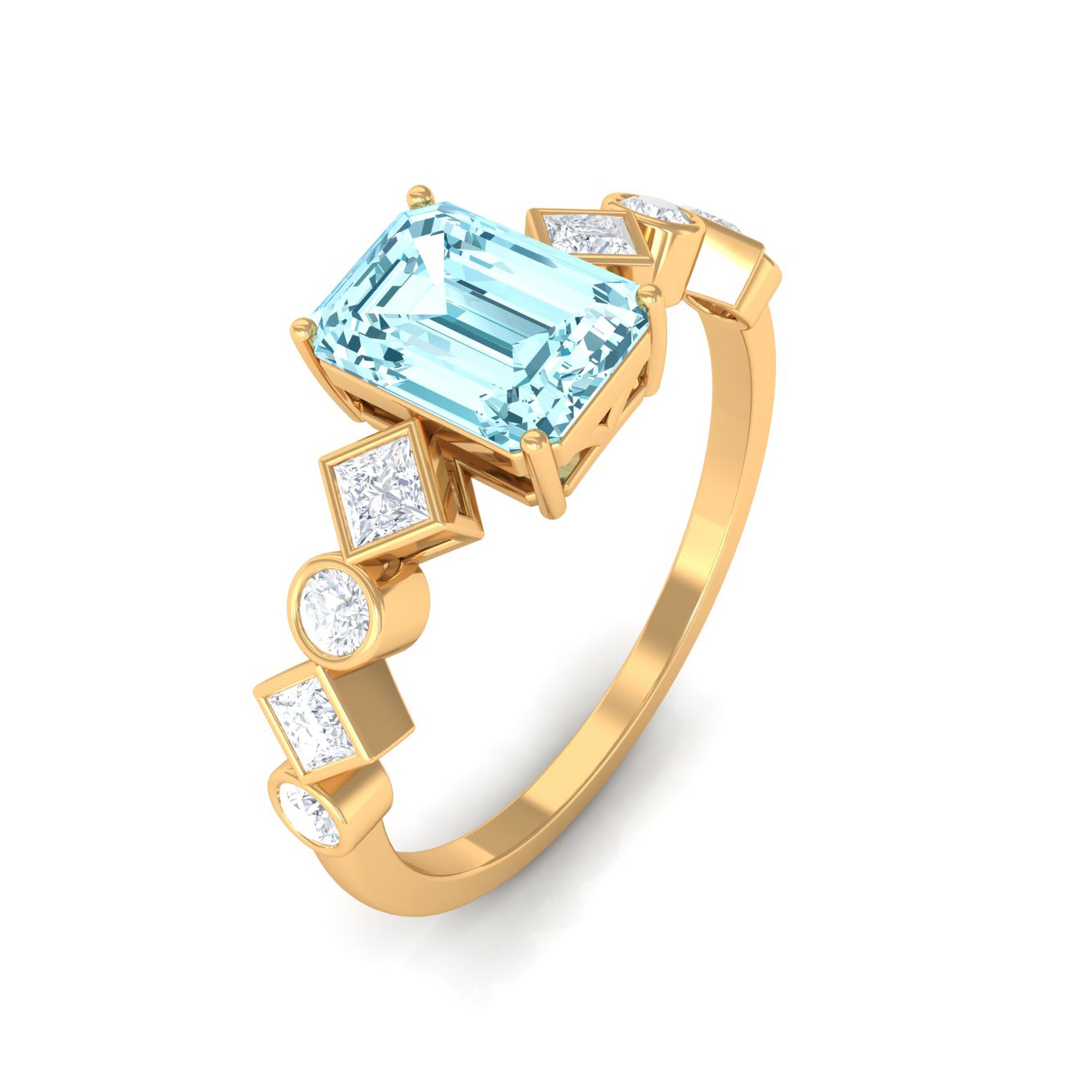 Emerald Cut Aquamarine Engagement Ring with Diamond Side Stones Aquamarine - ( AAA ) - Quality - Rosec Jewels