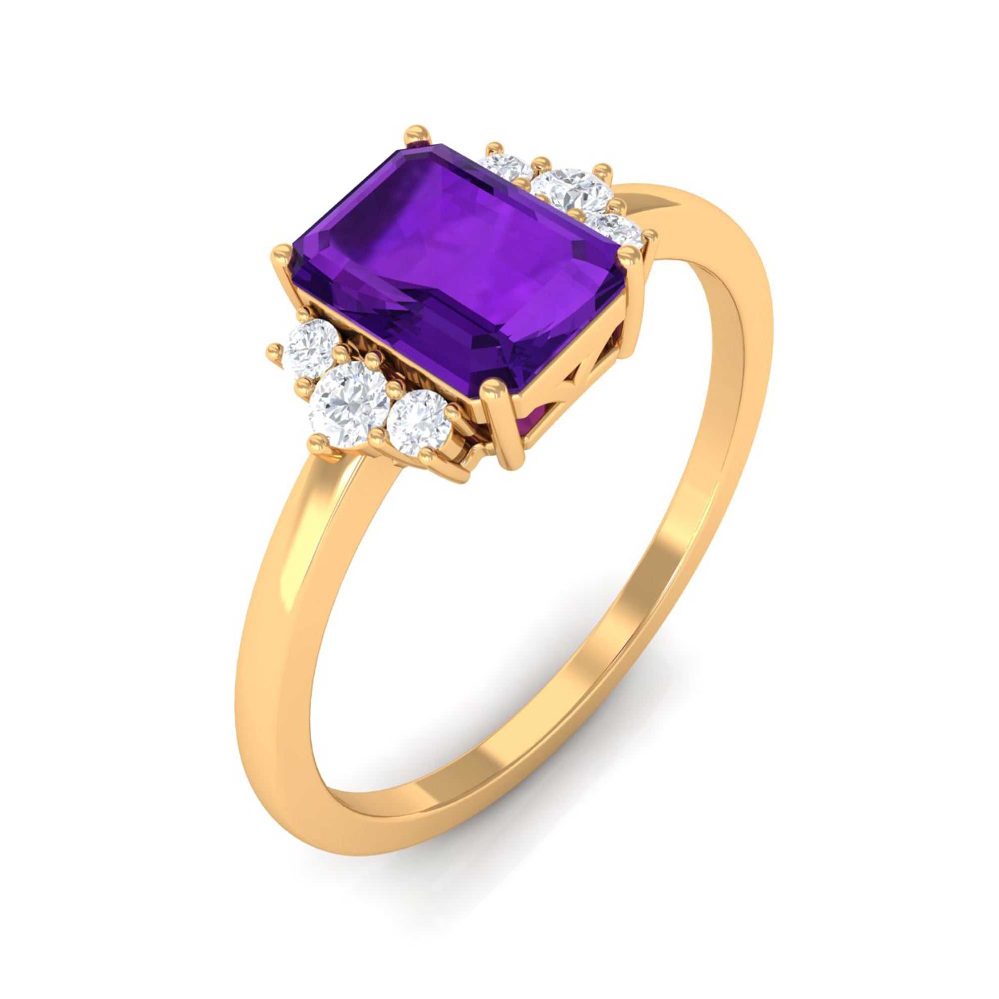 Octagon Cut Amethyst Solitaire Ring with Diamond Accent Amethyst - ( AAA ) - Quality - Rosec Jewels