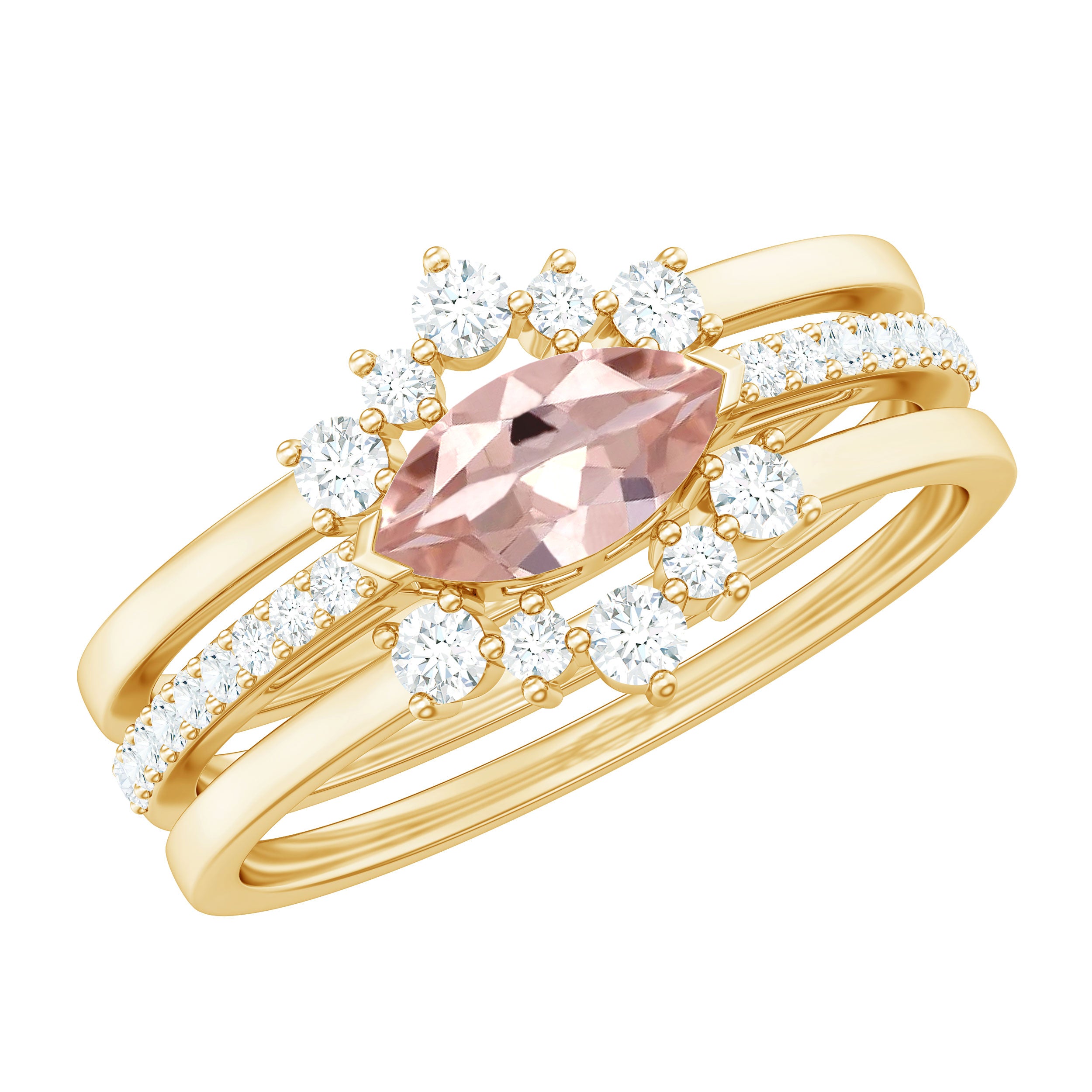 Marquise Cut Morganite Stackable Ring Set with Diamond Morganite - ( AAA ) - Quality - Rosec Jewels