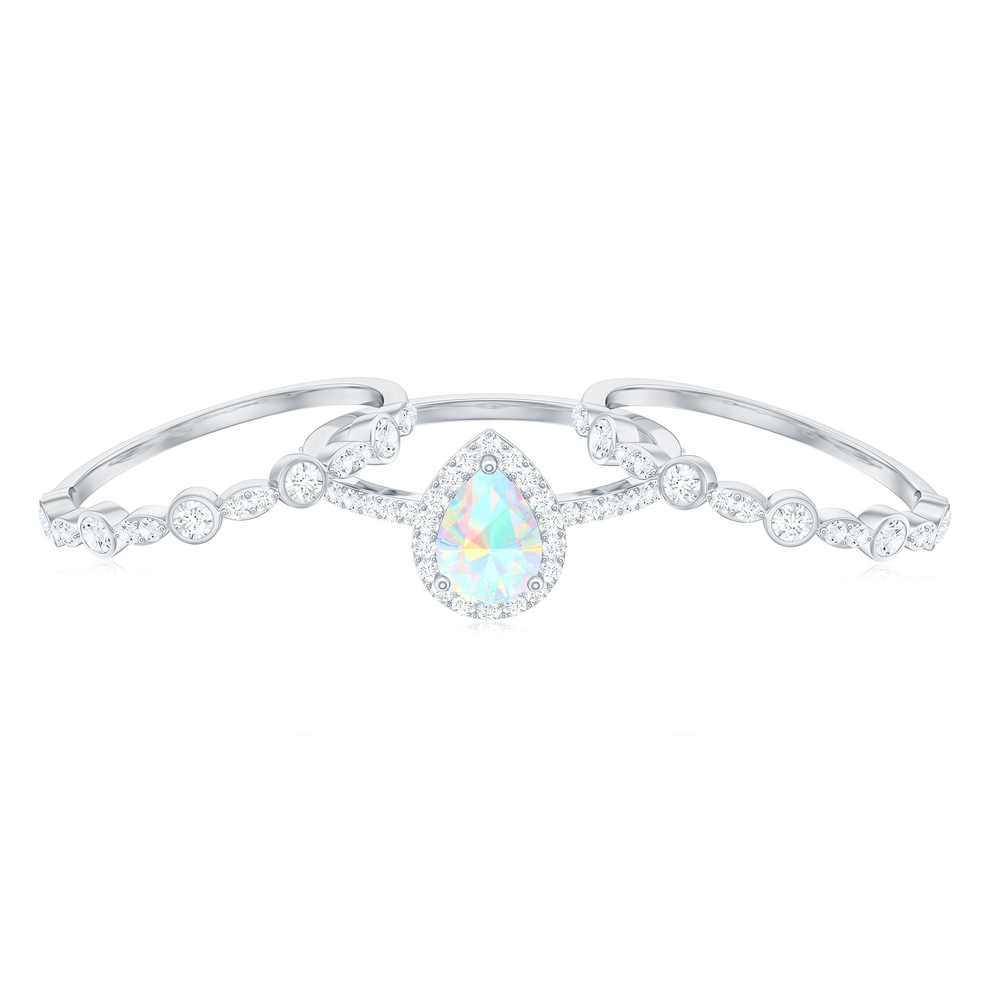 Pear Cut Ethiopian Opal Bridal Trio Ring Set with Moissanite Band Ethiopian Opal - ( AAA ) - Quality - Rosec Jewels