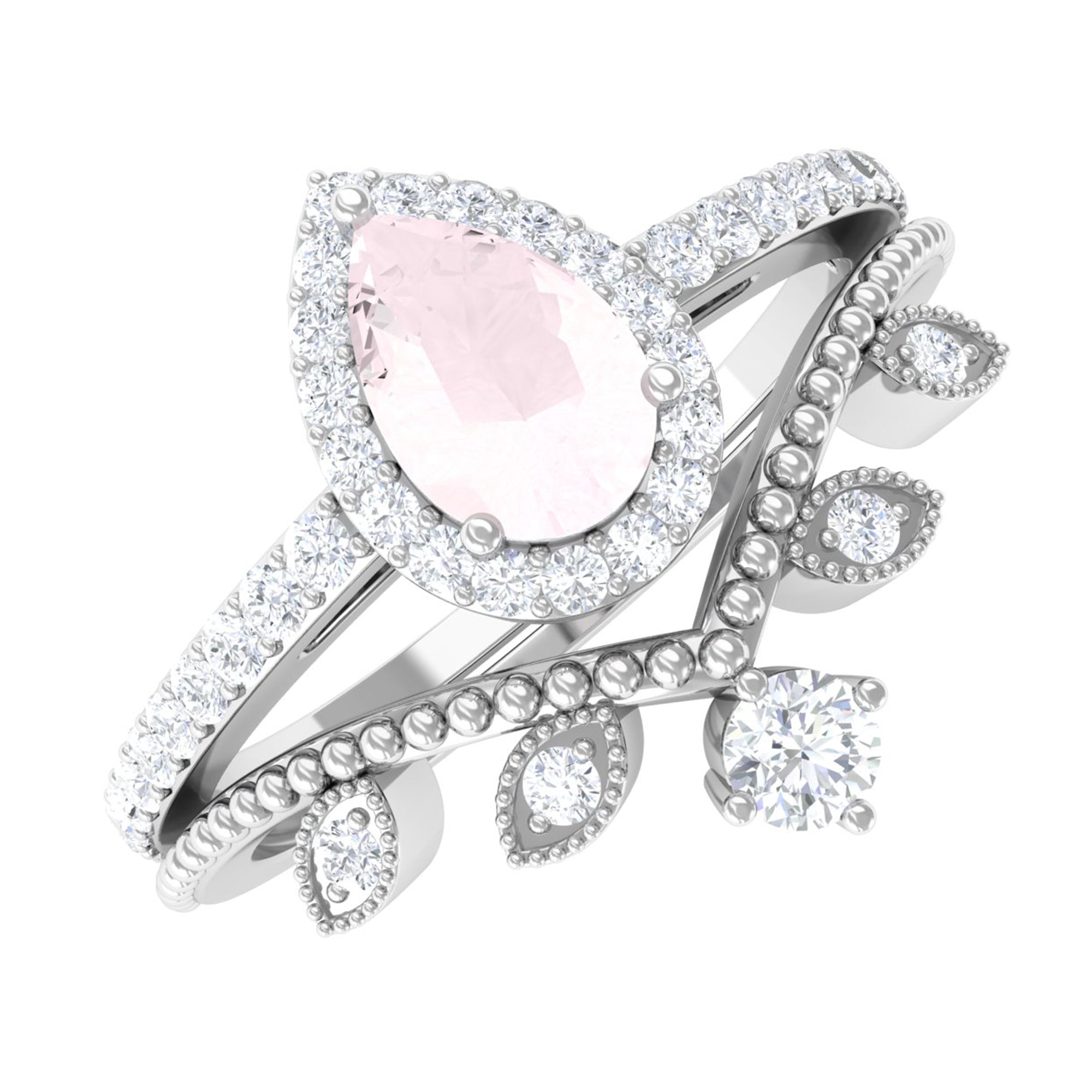 Vintage Inspired Rose Quartz Teardrop Wedding Ring Set with Diamond Rose Quartz - ( AAA ) - Quality - Rosec Jewels