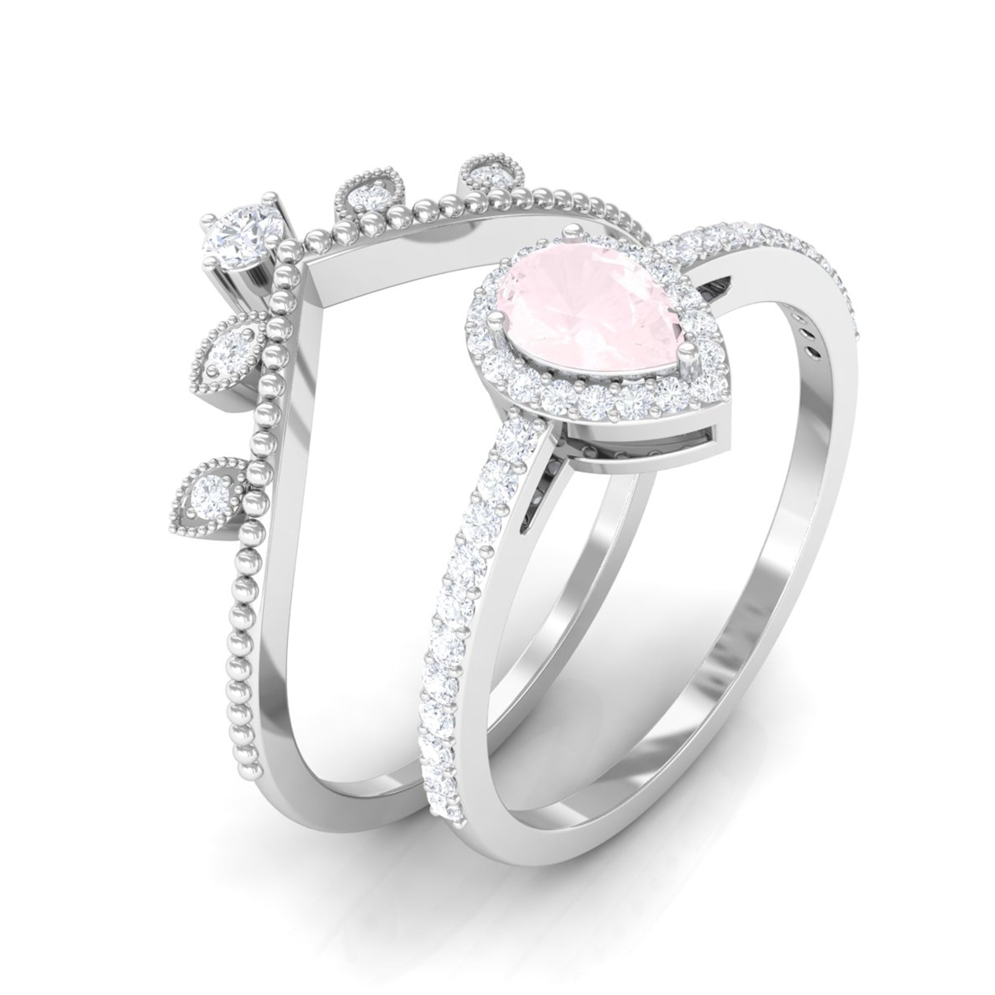 Vintage Inspired Rose Quartz Teardrop Wedding Ring Set with Diamond Rose Quartz - ( AAA ) - Quality - Rosec Jewels