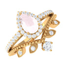 Vintage Inspired Rose Quartz Teardrop Wedding Ring Set with Diamond Rose Quartz - ( AAA ) - Quality - Rosec Jewels