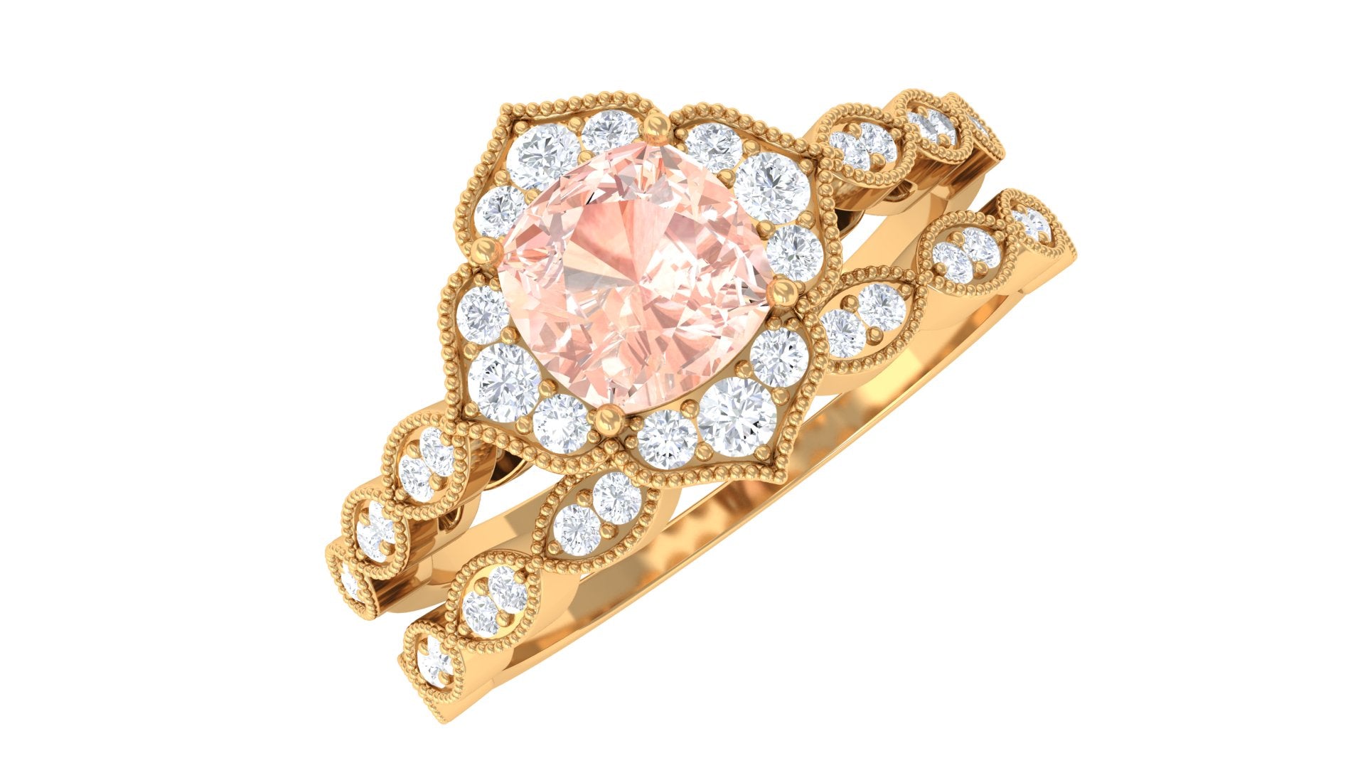 Real Morganite Flower Ring Set with Diamond Morganite - ( AAA ) - Quality - Rosec Jewels